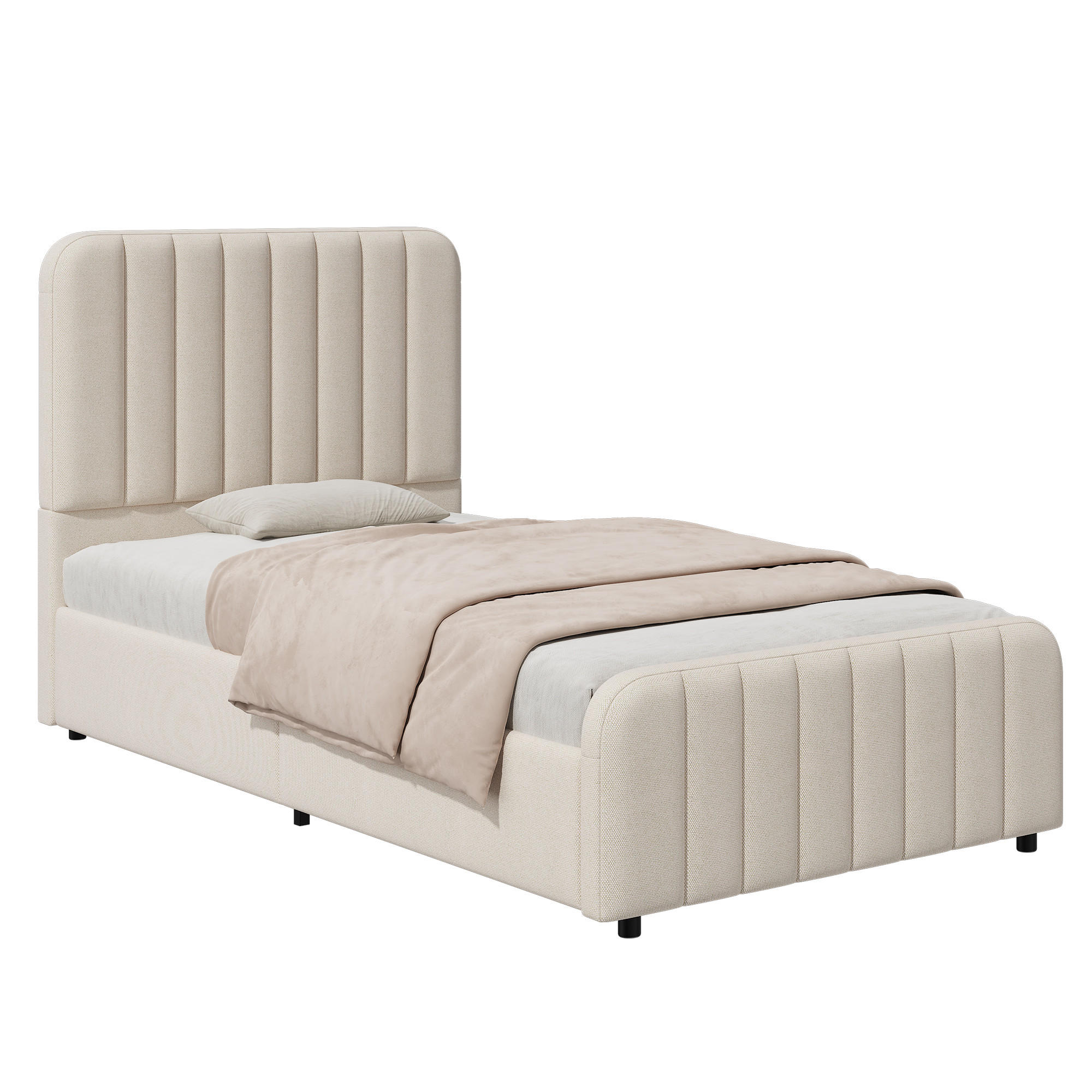 POLSTERBETT 90/200 cm in Beige mit Bettkasten, hydraulischer Hebefunktion, gepolstertem Kopfteil aus Leinen - Beige, Holzwerkstoff/Textil - STILVORA