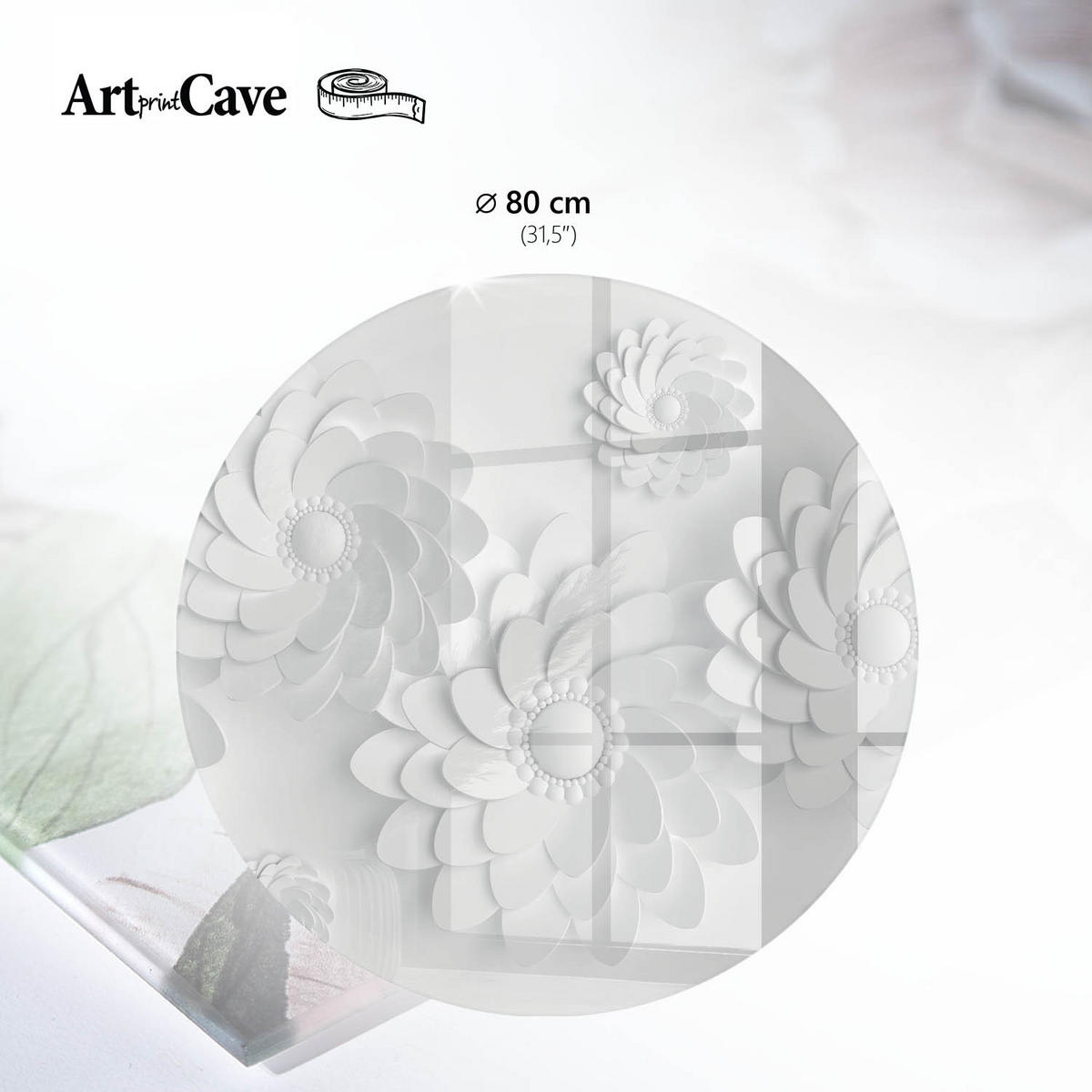 GLASPLATTE fi80 cm – Weiße Blüten - Schwarz, Glas (0.4/80/80cm) - ArtPrintCave