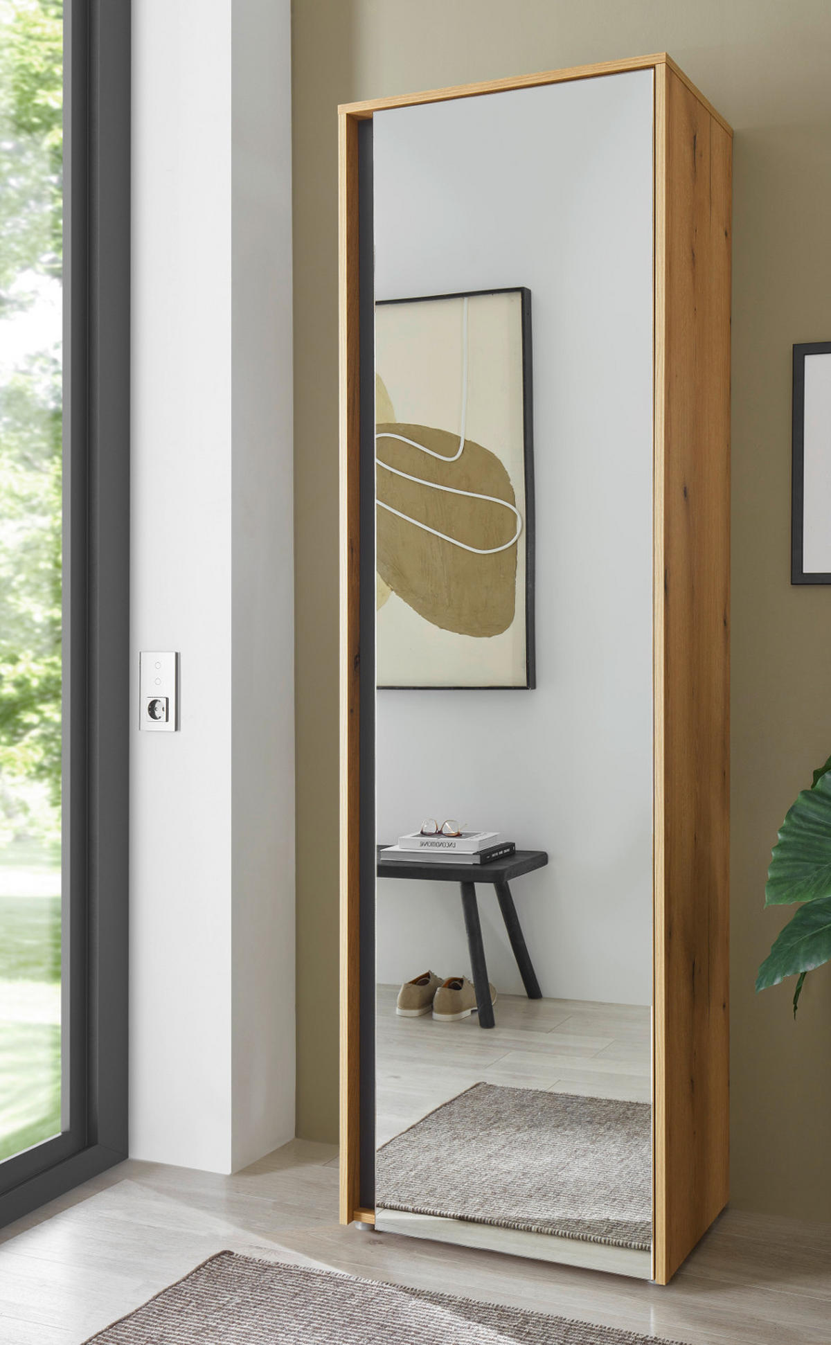 GARDEROBENSCHRANK Evoke Eiche, grau 60 x 200 cm, Flurschrank mit Spiegel - Eichefarben/Schwarz, Glas/Holzwerkstoff (60/200/40cm) - Furn.Design