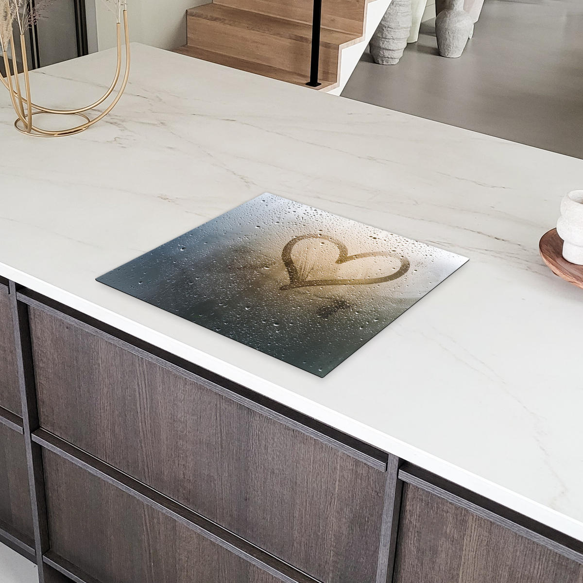 HERDABDECKPLATTE Herz - Kondenswasser - Wasser - 3D Ceranfeldabdeckung 59x52 cm - Grau, Kunststoff (59/52/0.2cm) - MuchoWow