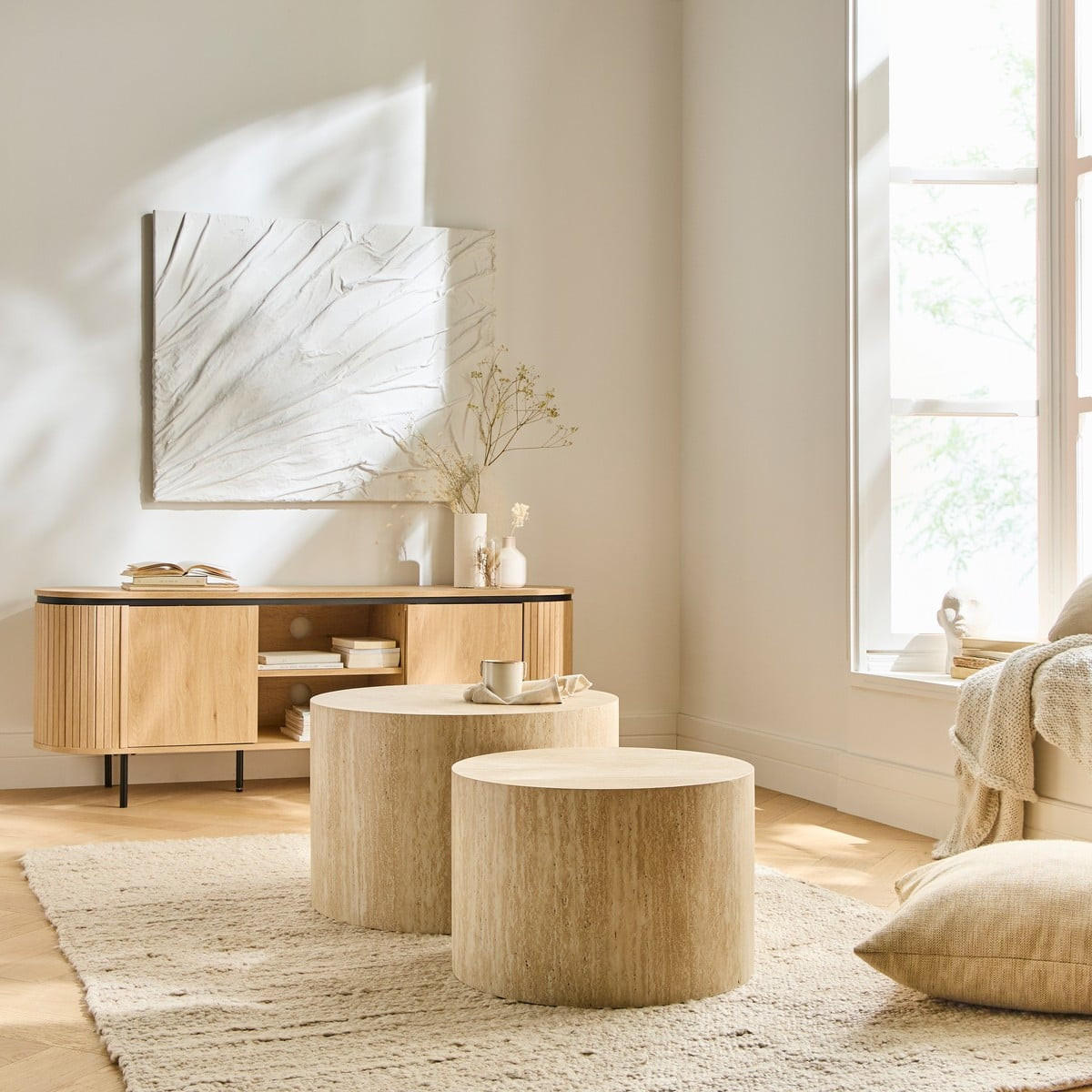 COUCHTISCHE RUND TRAVERTINOPTIK 2er set 58/58/58 cm - Beige, Holzwerkstoff (65.5/58/38cm) - Calicosy