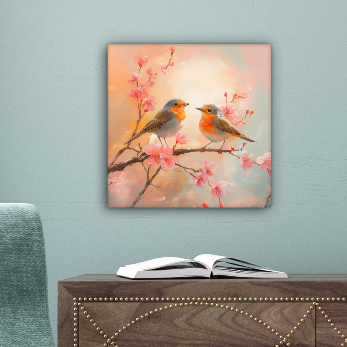 LEINWANDBILD Rotkehlchen - Zierpflanze - Blütenzweig 20x20 cm - Hellrosa, Textil (20/20cm) - MuchoWow