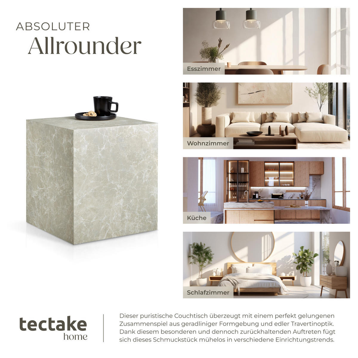 COUCHTISCH Lasley,45 x 45 x 50 cm,Travertin Optik - Beige, Holz (45/45/50cm) - tectake