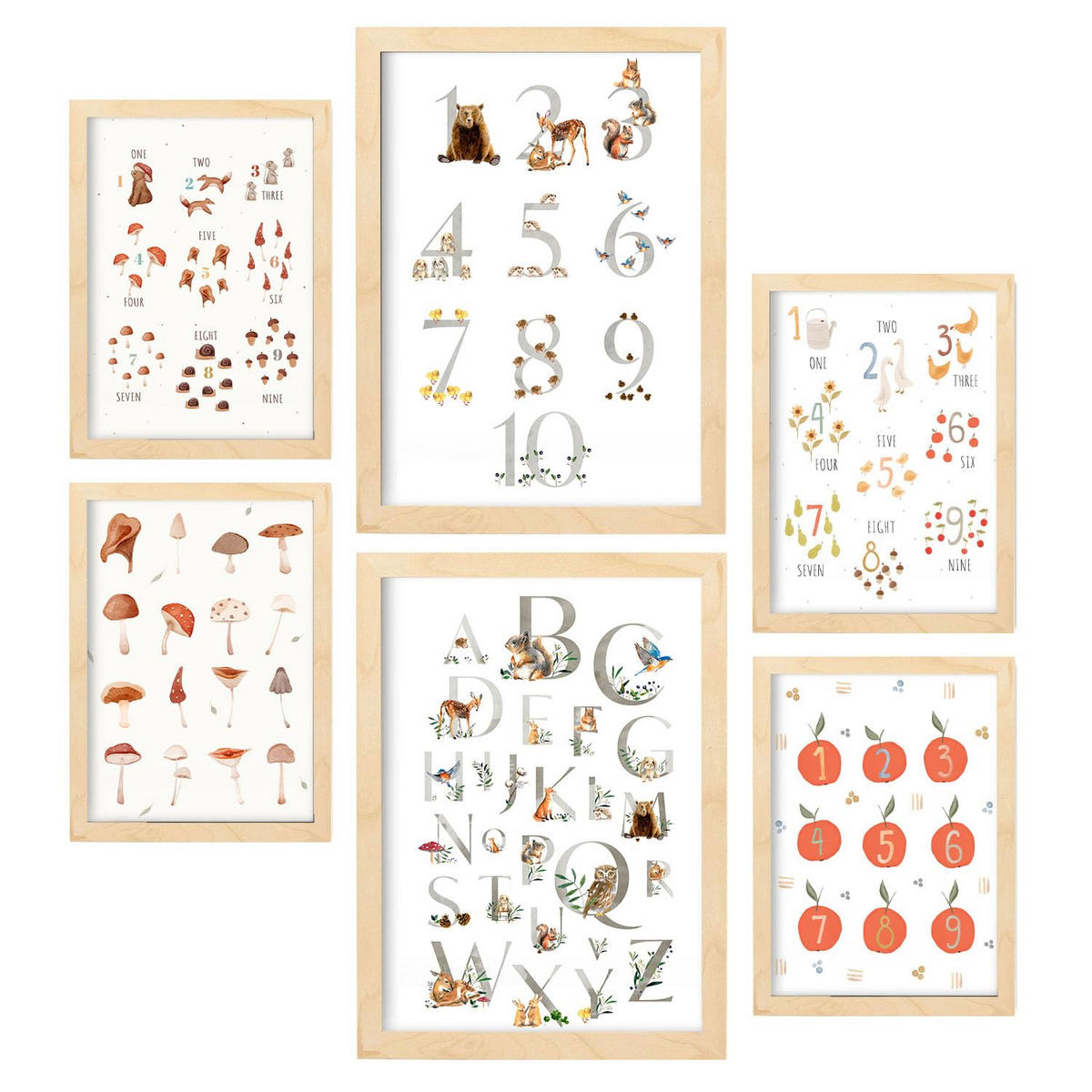 POSTER Set Mit 6 Zählen Von Zahlen A3 & A4 Rahmen Aus Hellem Holz - Beige, Papier (29/3cm) - Nacnic