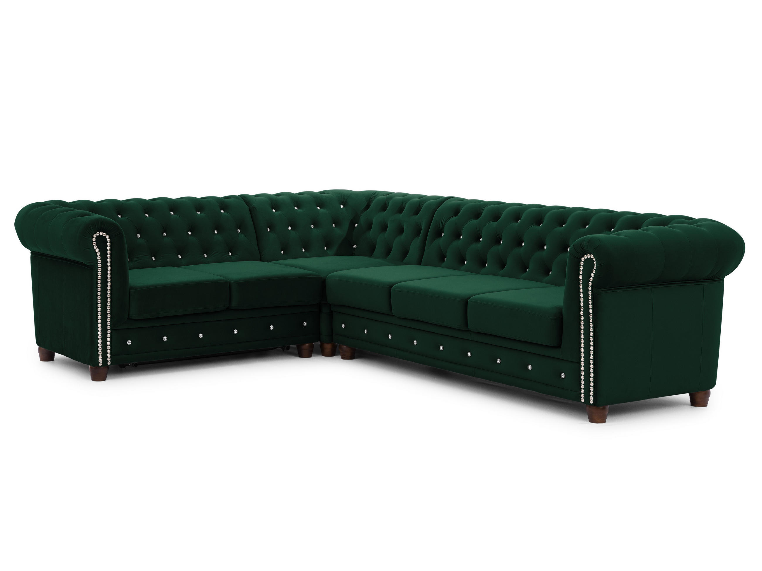 ECKSOFA mit Schlaffunktion Chesterfield Flasche Grün Samt mit Kristallsteppung und braunen Massivholzfüßen - Ottomane Links - Braun/Grün, Holz/Textil (264/210cm) - S-Style Möbel