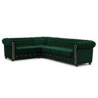 ECKSOFA mit Schlaffunktion Chesterfield Flasche Grün Samt mit Kristallsteppung und braunen Massivholzfüßen - Ottomane Links - Braun/Grün, Holz/Textil (264/210cm) - S-Style Möbel