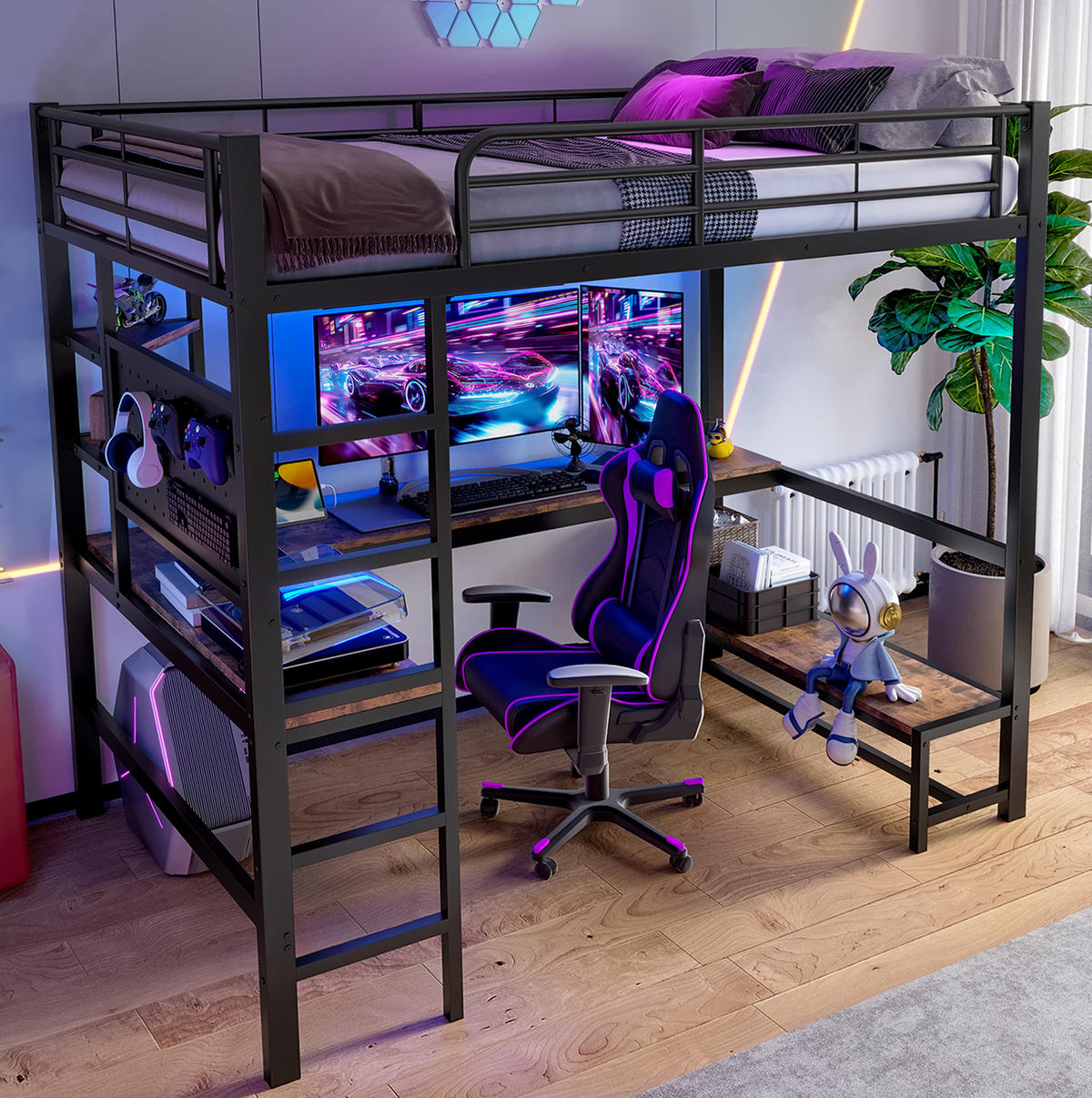 HOCHBETT 90/200 cm, Schwarz mit Schreibtisch, LED und USB-Typ-C-Buchse - Schwarz, Metall (90/200cm) - MIVRAY