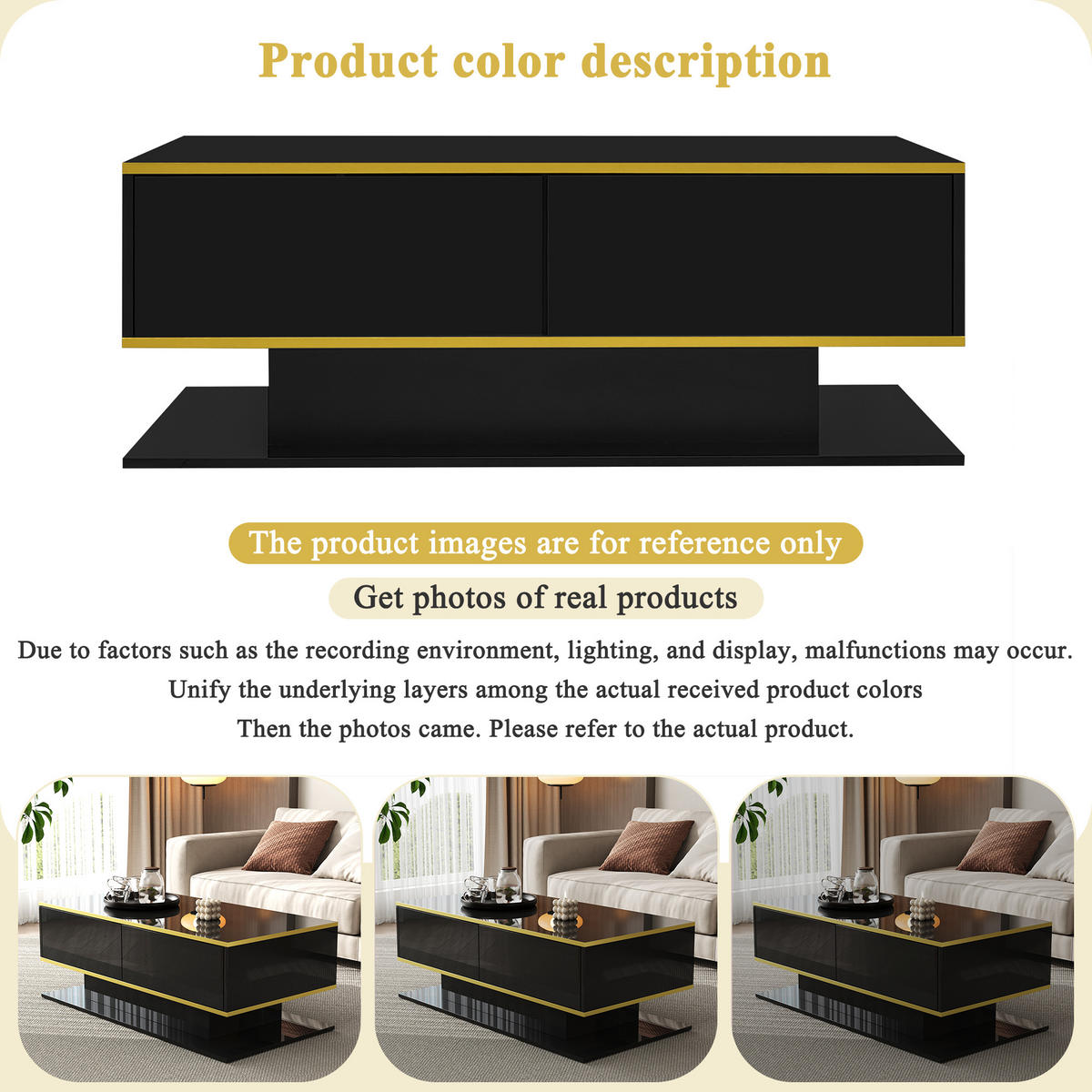 COUCHTISCH LED Hochglanz 100 cm 3 Schubladen Gold - Schwarz, Holzwerkstoff (50/100/40cm) - LEBENLANG