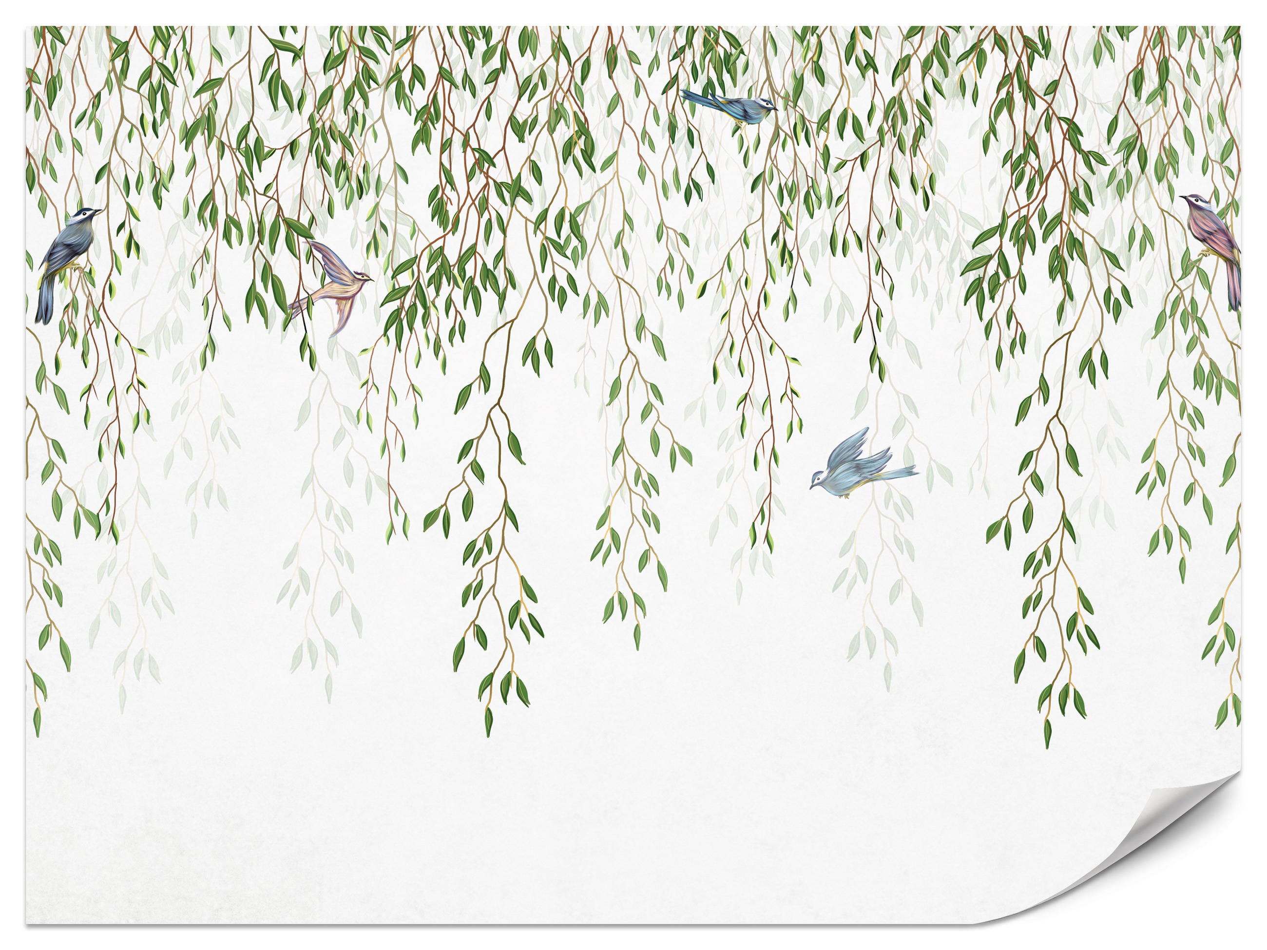 FOTOTAPETA Pre Spálňu Smútočná Vŕba Konáre Vtáky Jar Listy 450 x 315 cm - hnedá/modrá, papier (450/315cm) - Muralo