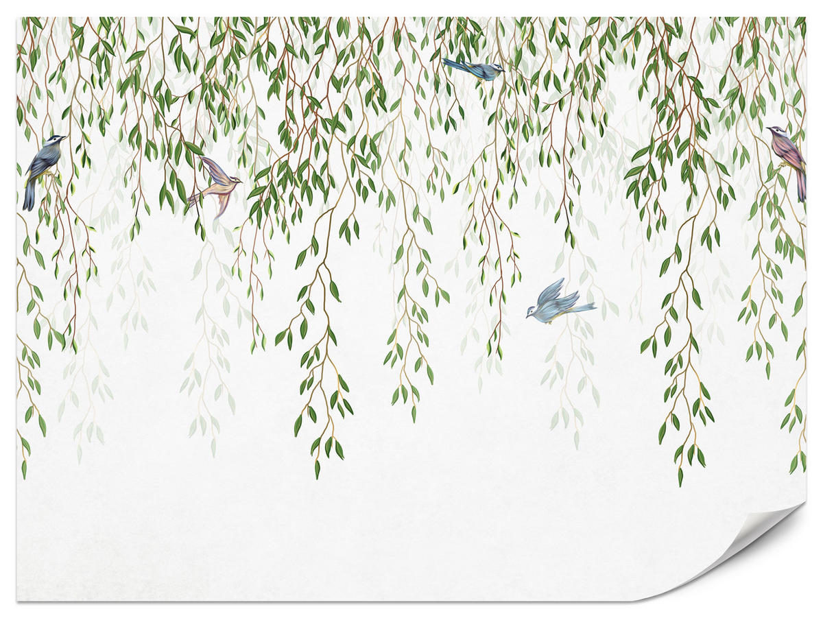 FOTOTAPETA Pre Spálňu Smútočná Vŕba Konáre Vtáky Jar Listy 450 x 315 cm - hnedá/modrá, papier (450/315cm) - Muralo