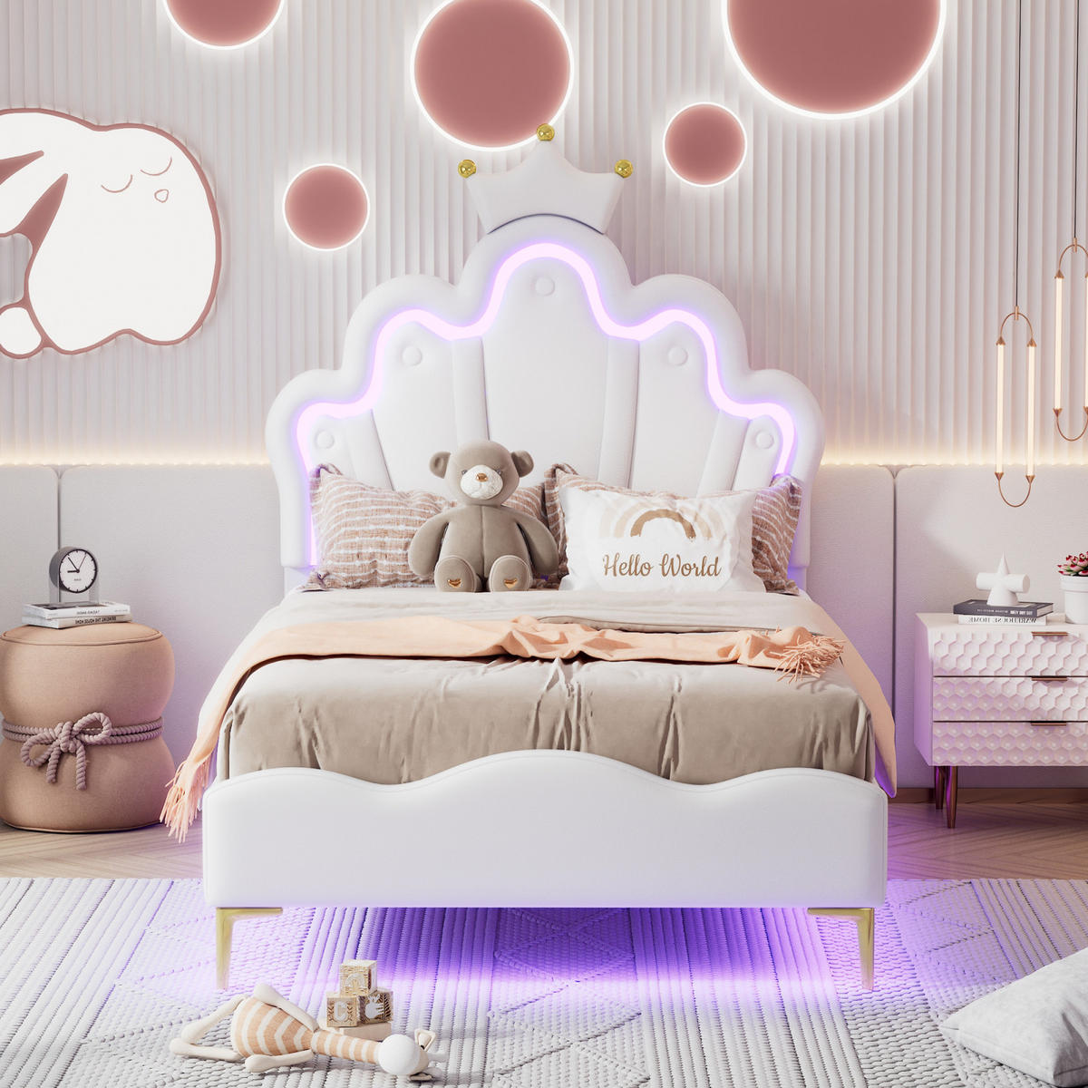 KINDERBETT 90 x 190 cm, Prinzessinnen, mit RGB-LED-Beleuchtung, gepolsterter Krone, höhenverstellbarem Bettgestell, Weiß - Weiß, Leder/Holz (190/90cm) - BursDany