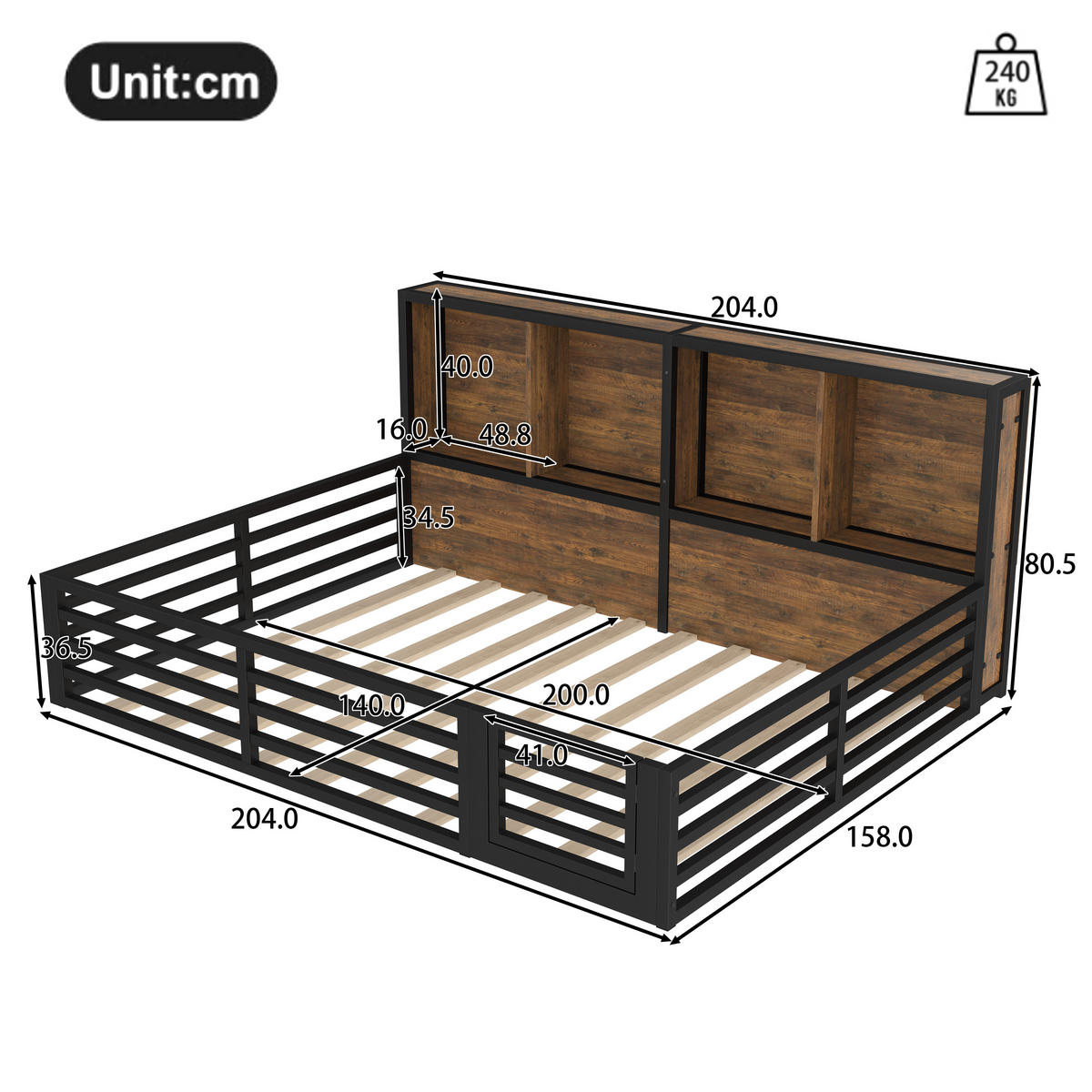 ZAUNBETT 140x200cm Schwarz Metall Daybett Bettseite Staufach - Schwarz, Holz (140/200cm) - FLIEKS