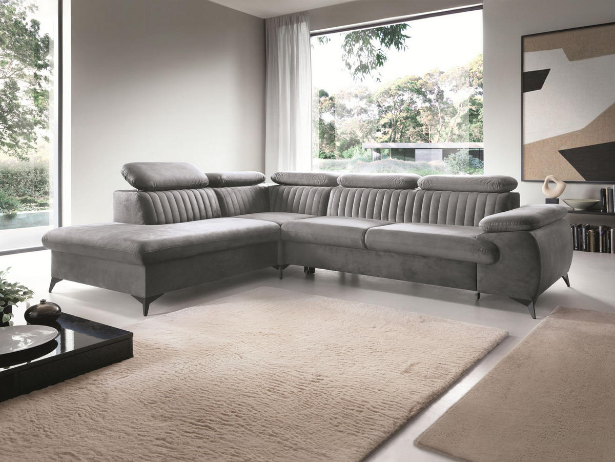 ECKSOFA FIORE Grau Velours-Stoff mit Schlaffunktion - Grau, Holz (280/193cm) - MASSENO