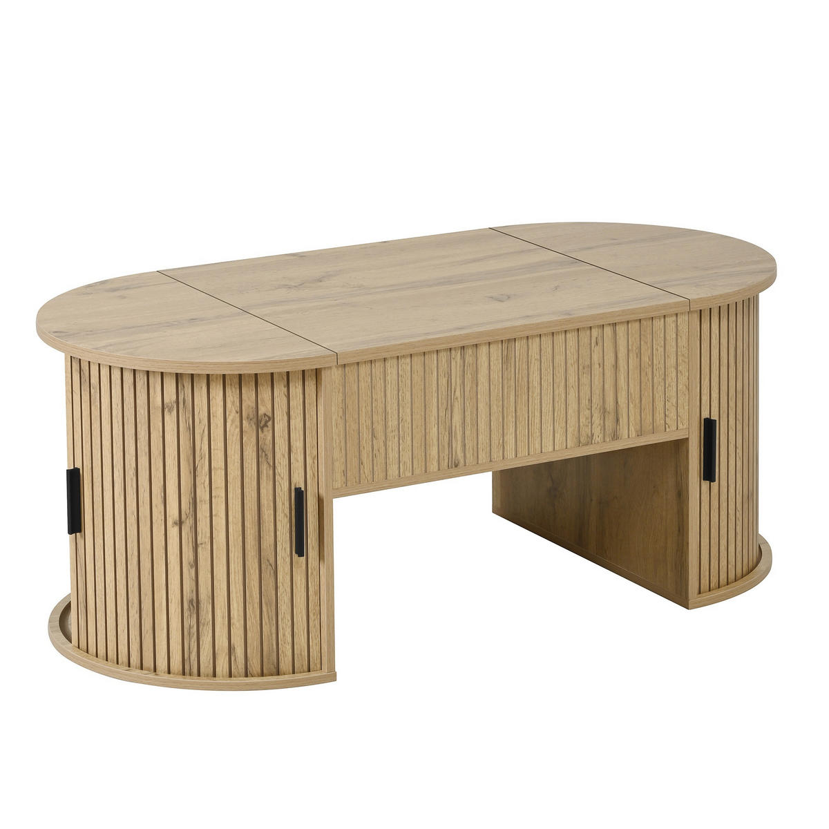 COUCHTISCH 100/50/40,5 cm eichefarben aus Holzwerkstoff mit höhenverstellbarer Tischplatte Schiebetüren und offenen Regalen - Eichefarben, Holzwerkstoff (100/50/40.5cm) - OKWISH