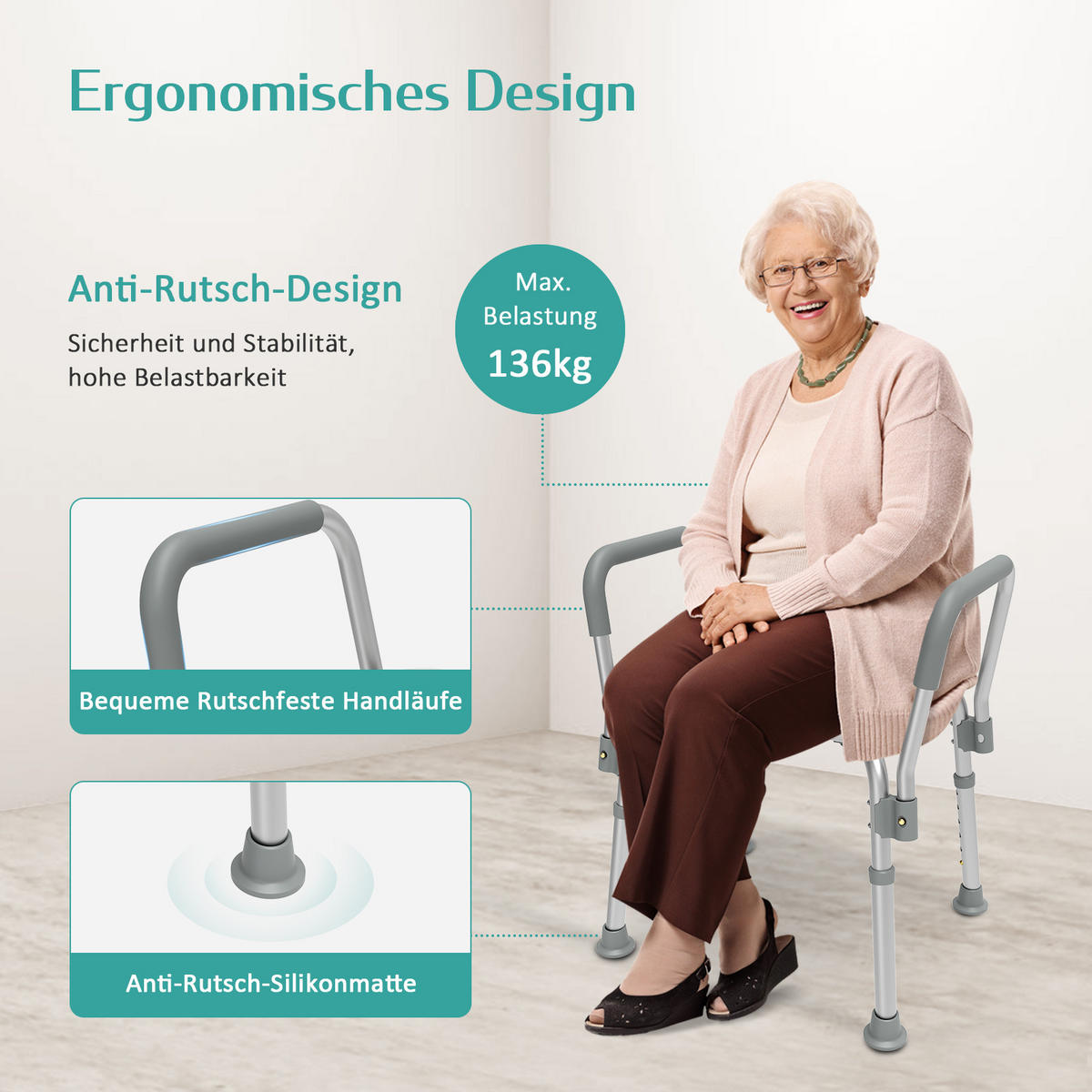 DUSCHHOCKER mit Abnehmbarer Armlehne 47,5/38,5/56,5 cm - Weiß, Metall (47/56/38cm) - EMKE