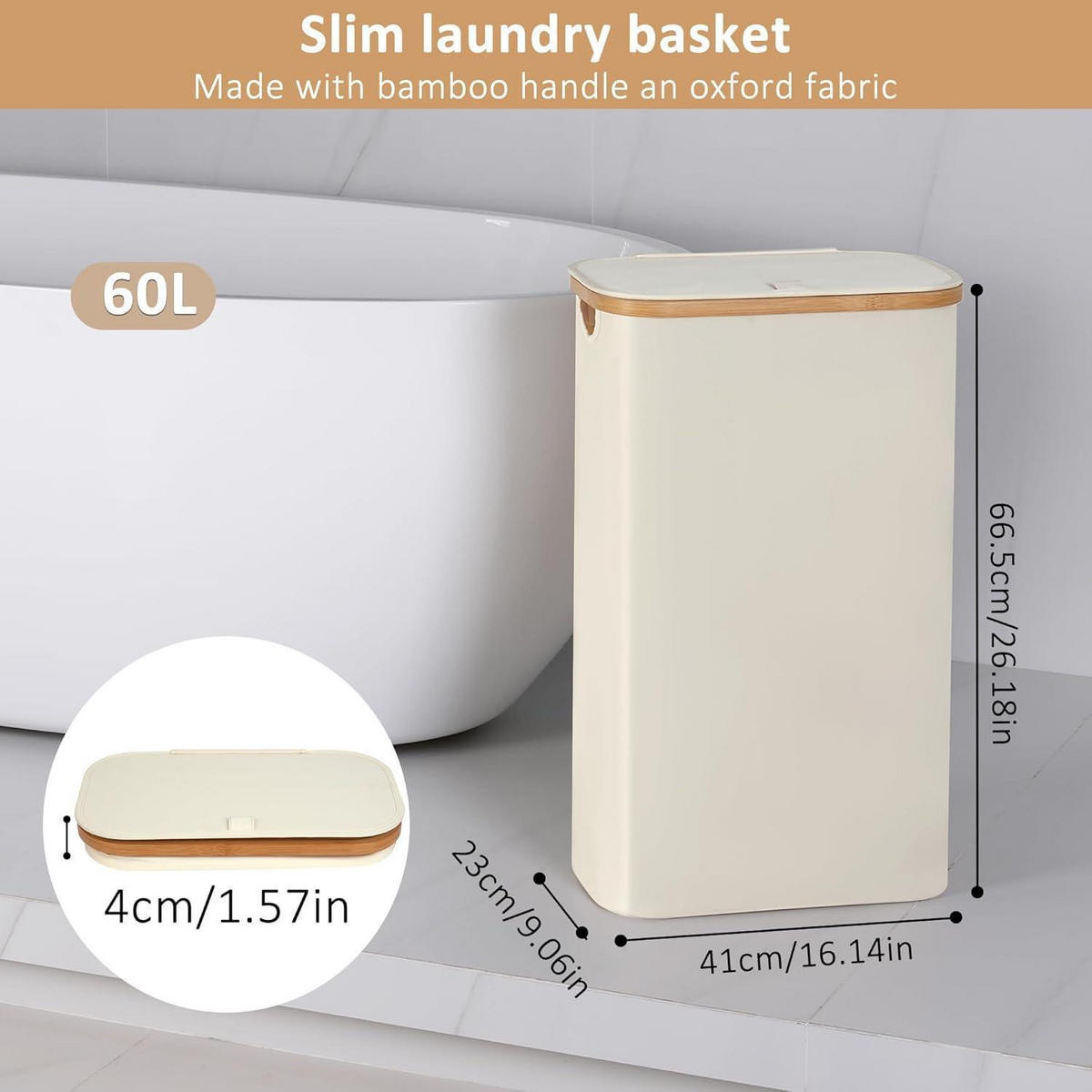 WÄSCHEKORB mit Deckel und Innentasche Beige 60L - Beige, Textil (23/66.5/41cm)