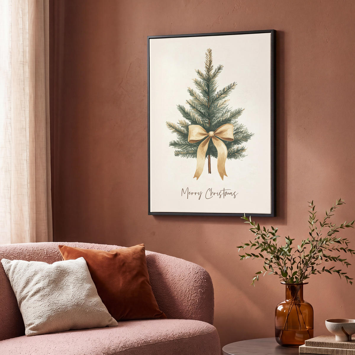 LEINWAND Bilder mit Rahmen - Weihnachtsbaum - Weihnachten - Frohe Weihnachten - Beige - 70x100 - Sandfarben, Textil (70/100cm) - MuchoWow