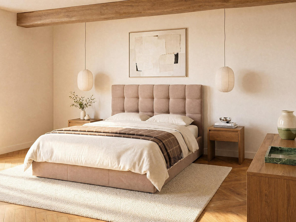 BETT mit Bettkasten - 2 Personen - Samt, Stoff - Beige - Beige, Textil (200/200cm) - Vente-Unique
