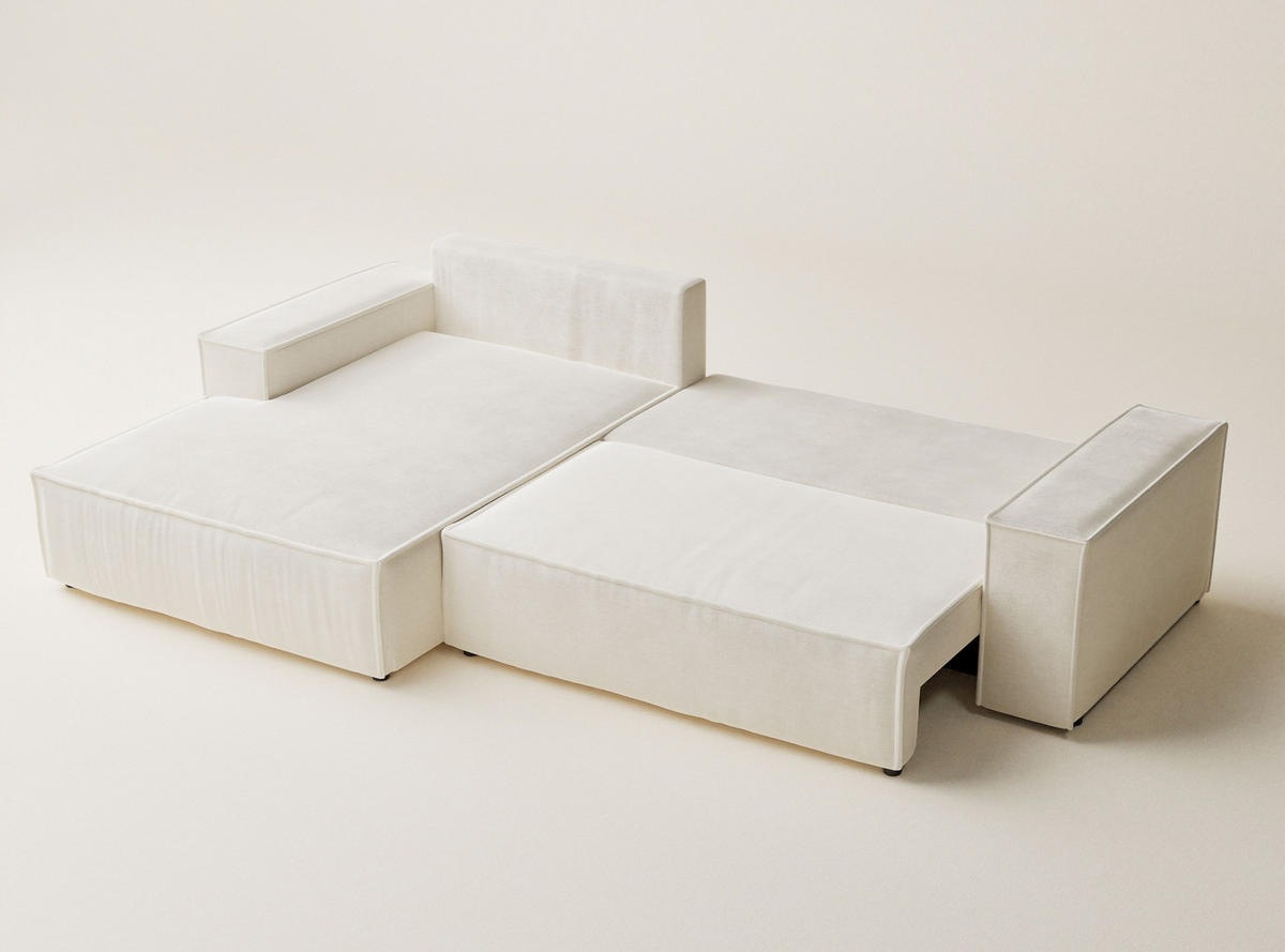 ECKSOFA Maze Creme Chenille-Stoff - Links Seite - Creme/Schwarz, Holz/Holzwerkstoff (185/294cm) - Maison de Reve