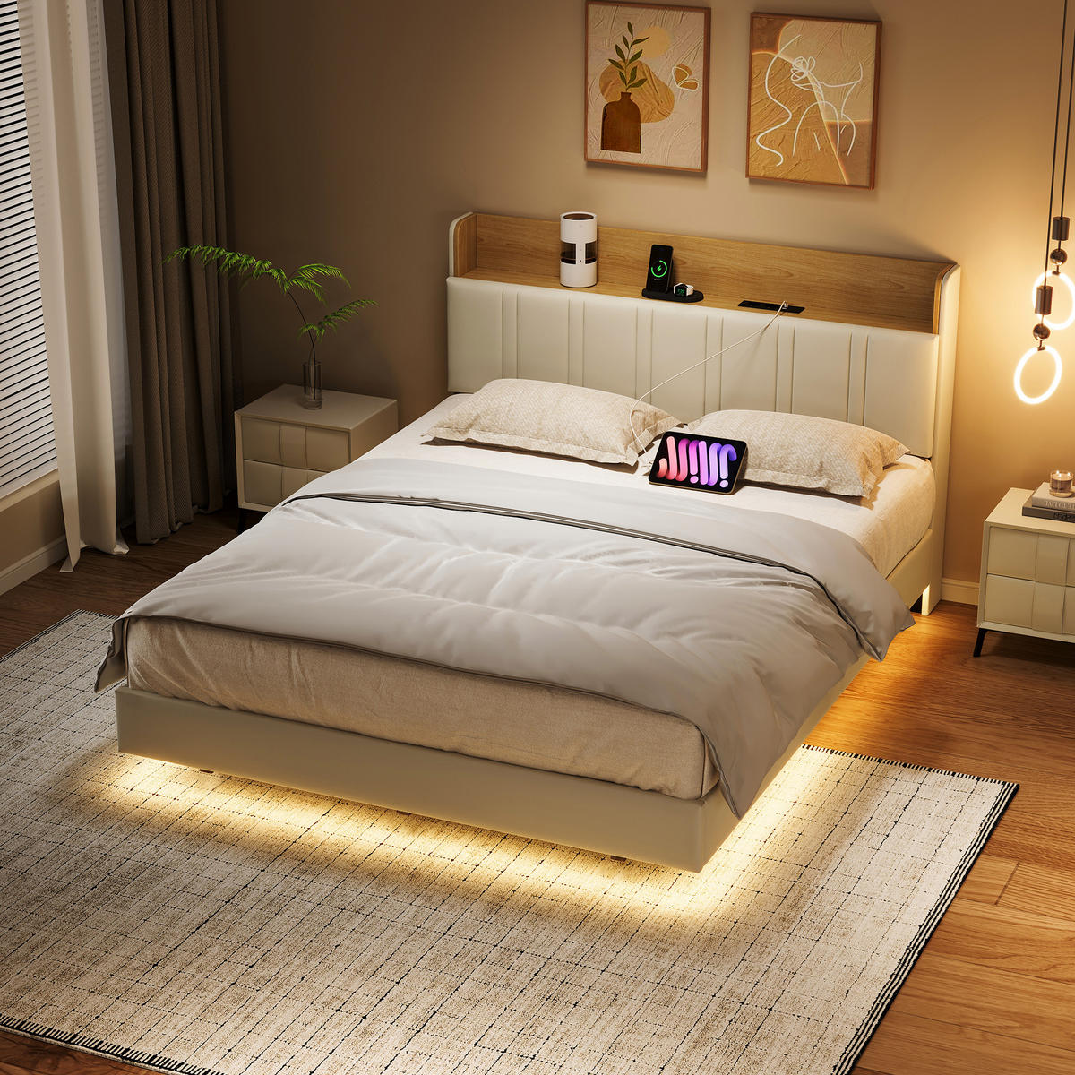 POLSTERBETT 160x200 Weiß PU Holz LED Seitentaschen - Weiß, Metall (160/200cm) - SHOPENTRA