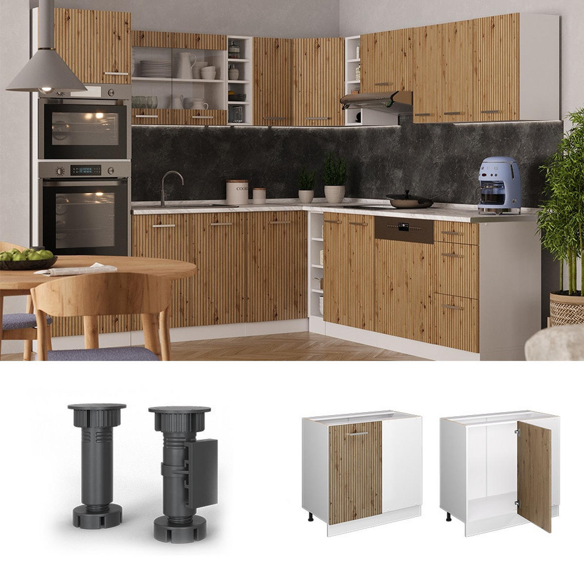 ECKUNTERSCHRANK R-Line Artisan-Eiche 86 cm , AP Eiche - Weiß/Eiche Artisan, Holzwerkstoff (86/81.6/60cm) - Vicco