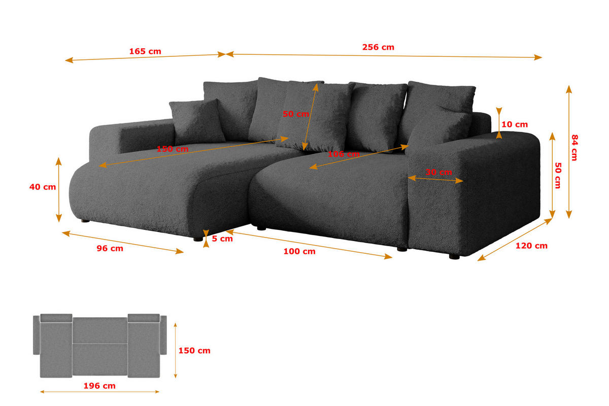 ECKSOFA mit Schlaffunktion und Bettkasten ESKAR-L 256x165x84cm Grau Bouclé - Schwarz/Grau, Holzwerkstoff/Kunststoff (165/256cm) - ALTDECOR