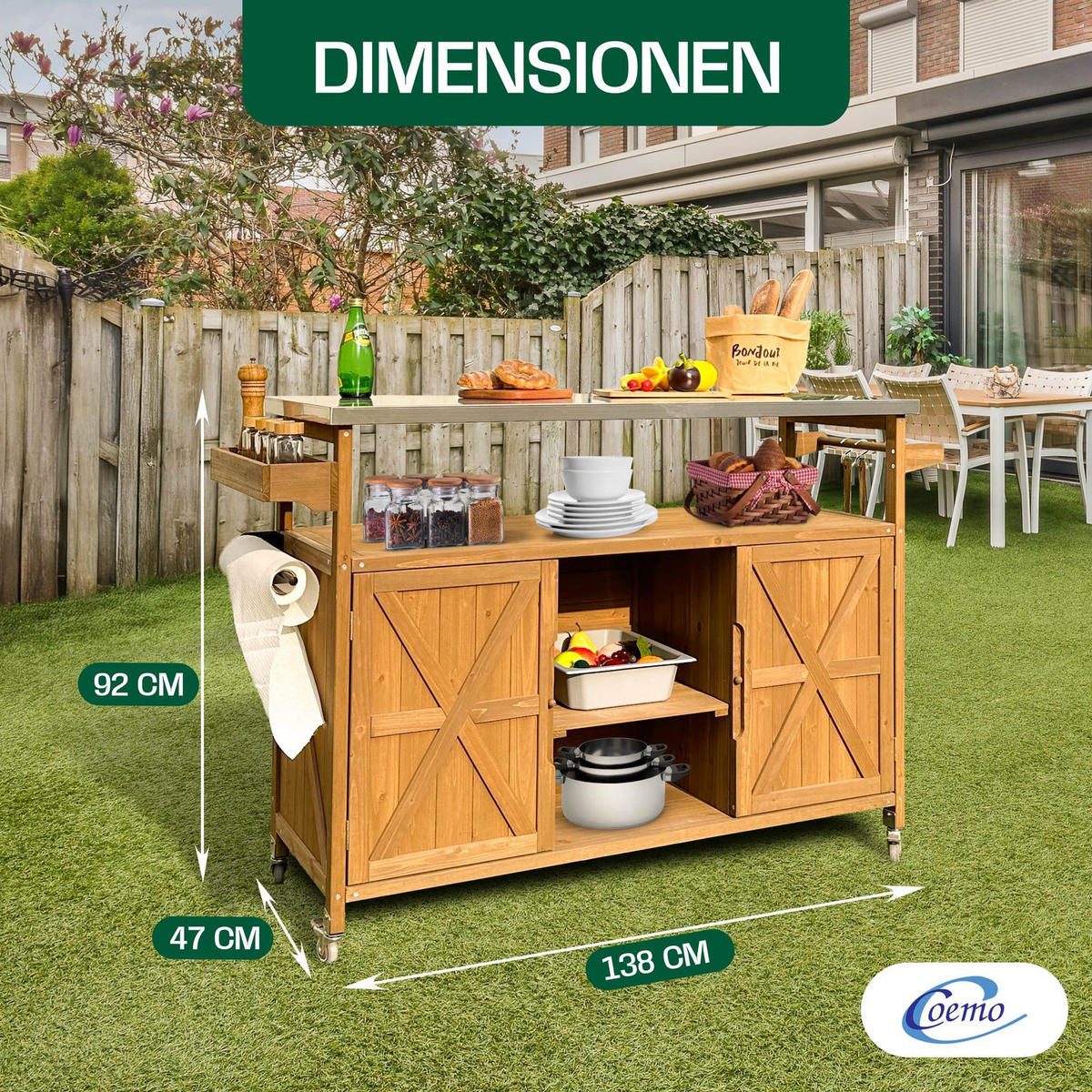 SERVIERWAGEN JAMES OUTDOOR 138/47/92 cm - Braun, Holz (47/92/138cm) - Coemo