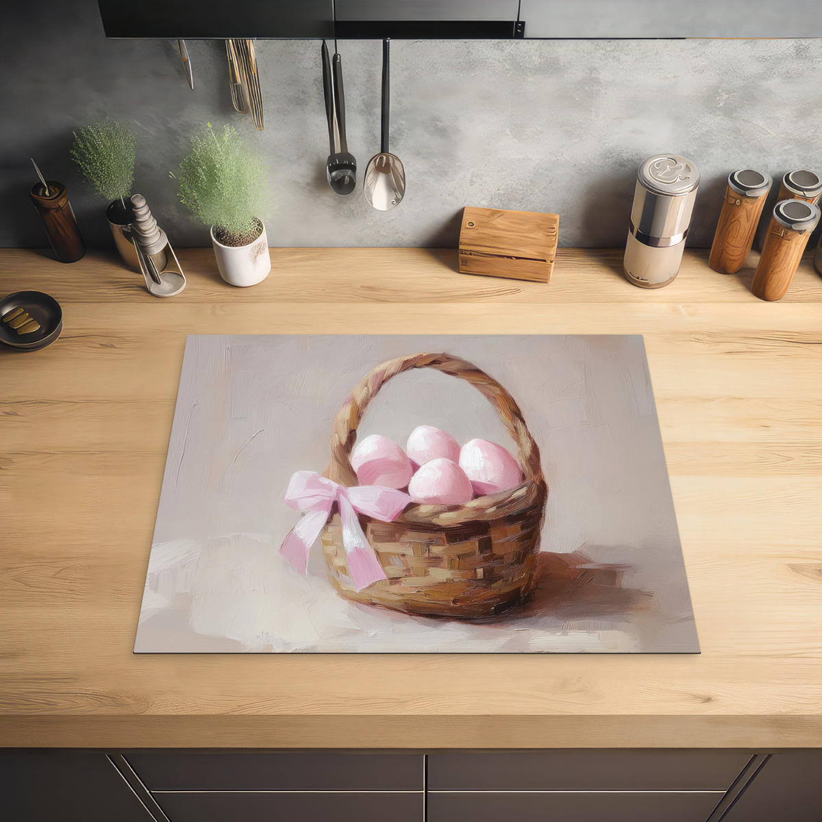 HERDABDECKPLATTE Korb - Eier - Rosa Herdabdeckung Induktionsfeld 65x52 cm - Beige, Kunststoff (65/52/0.2cm) - MuchoWow