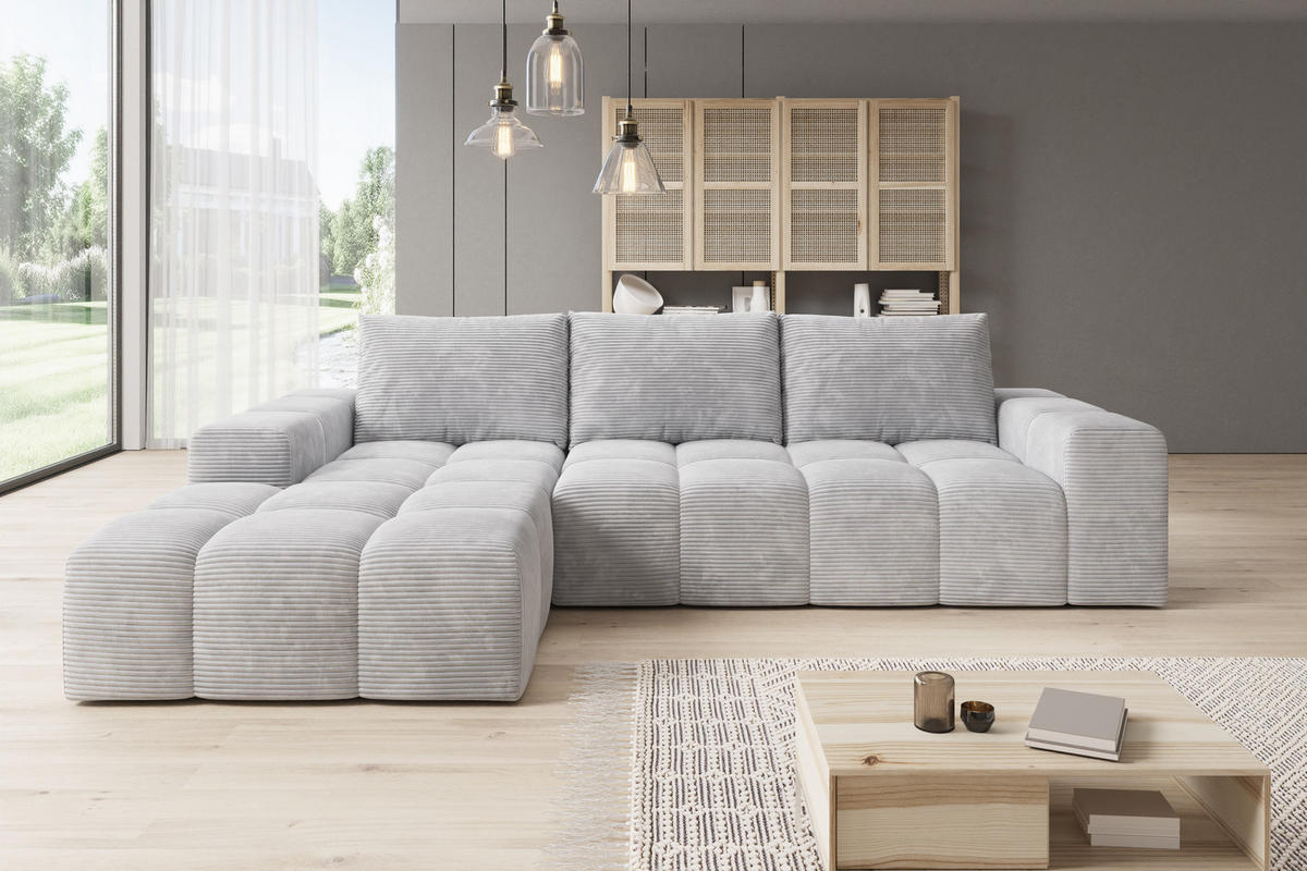 ECKSOFA Cento, L-Form, Ottomane Links, Cordstoff, 285x56x180 cm, Grau - Grau, Holz (180/285cm) - PROMETO Möbel