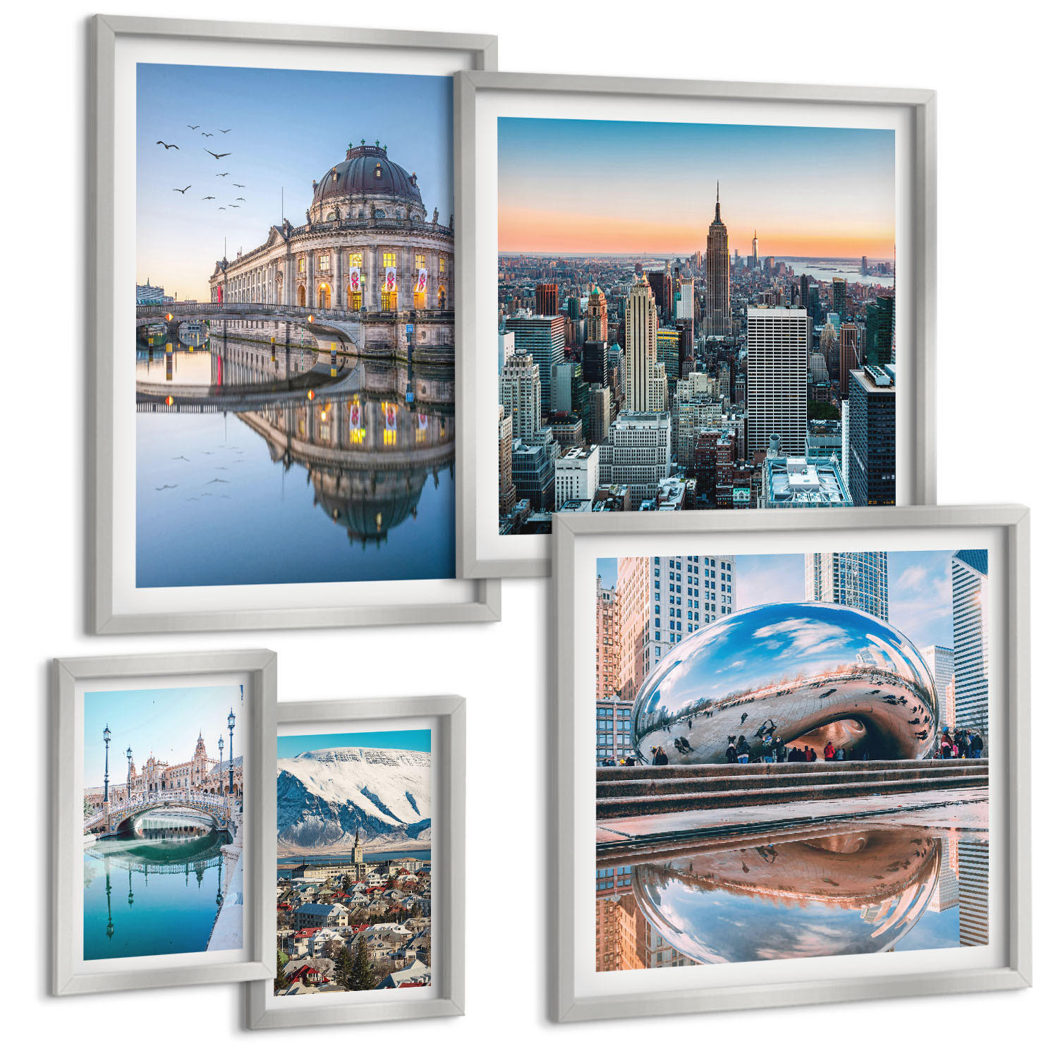 BILDER SET 5er Set - 50x50 cm & 20x30 cm & 40x60 cm Silberner Rahmen - Architektur von Städten am Wasser - Silberfarben, Kunststoff (40/60cm) - TULUP