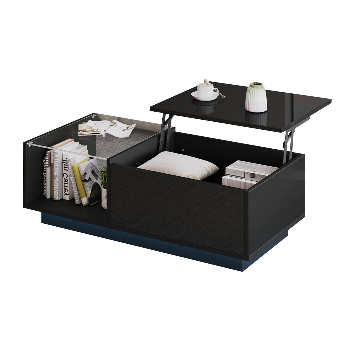 COUCHTISCH 100/50/33-46,5 cm mit LED-Beleuchtung und Stauraum, höhenverstellbar - Schwarz, Holzwerkstoff (100/50/33cm) - Flora Grace