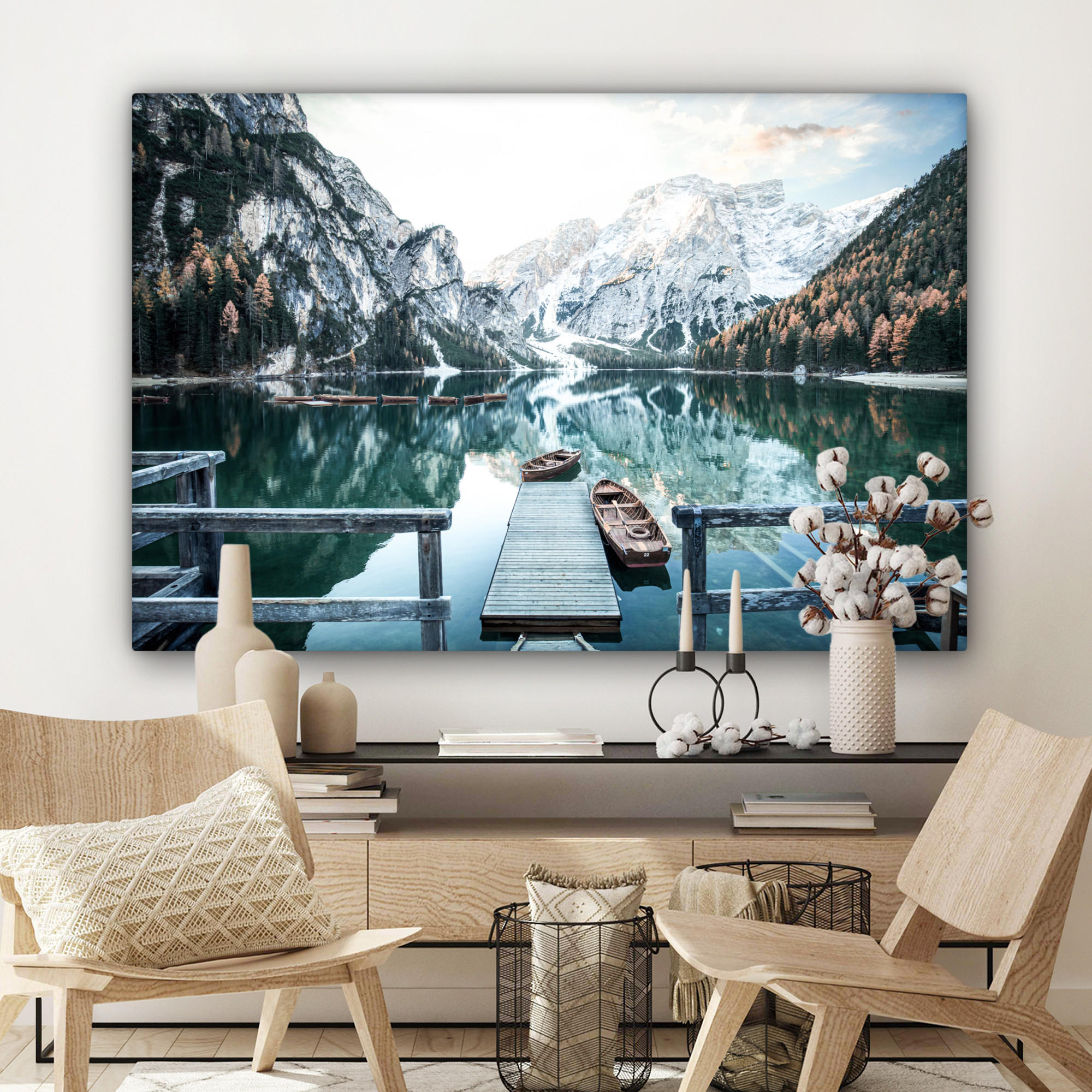 LEINWANDBILD Natur - Berge - Schnee - Wald - Boot Groß 140x90 cm - Hellgrün, Textil (140/90cm) - MuchoWow