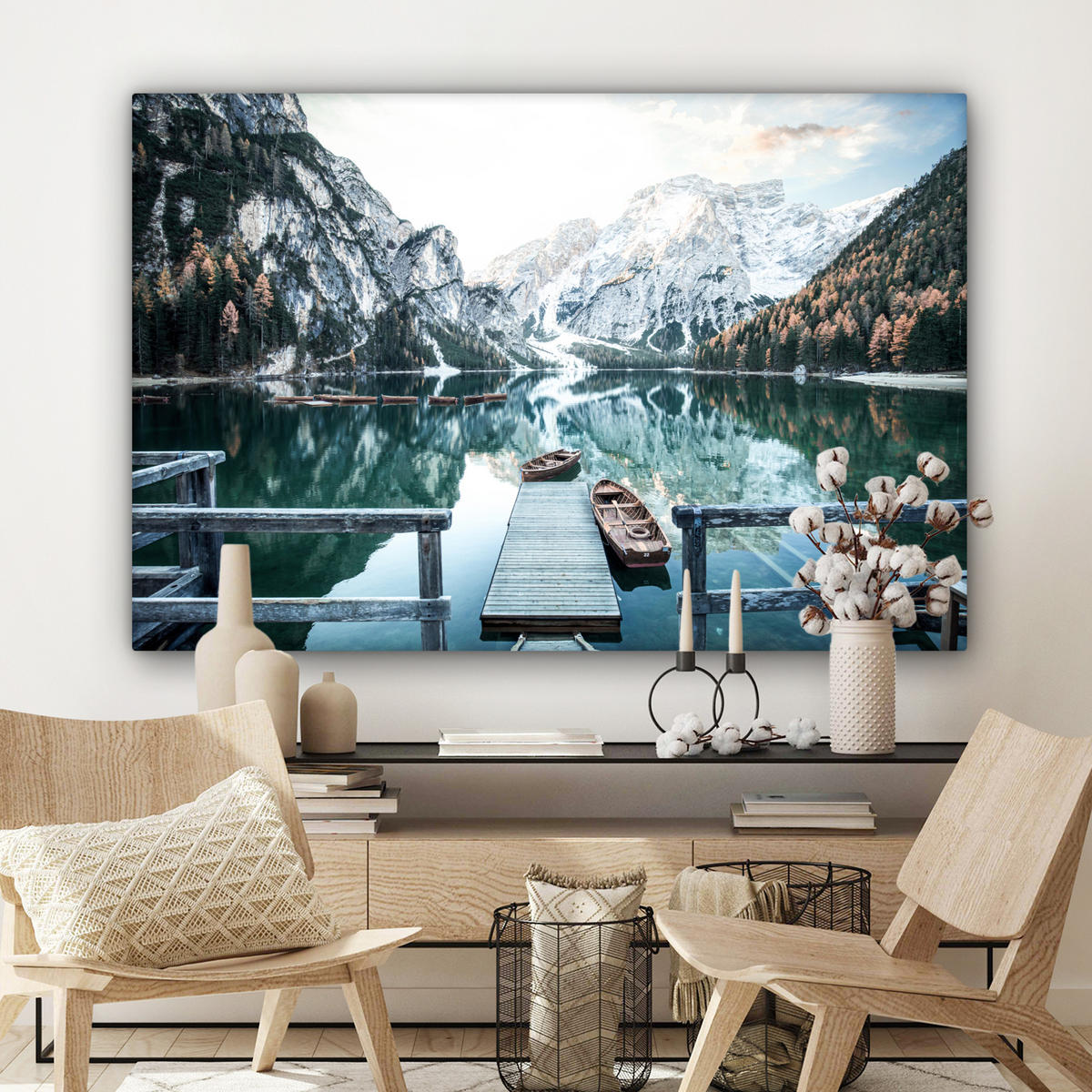 LEINWANDBILD Natur - Berge - Schnee - Wald - Boot 140x90 cm - Hellgrün, Textil (140/90cm) - MuchoWow