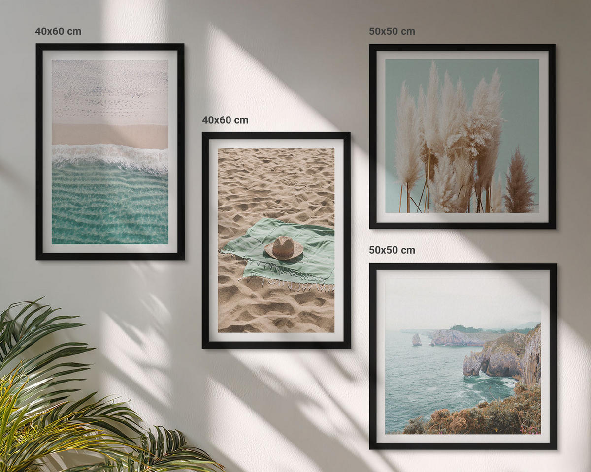 BILDER SET 4er Set - 50x50 cm & 40x60 cm Schwarzer Rahmen - Strandwellen Grashut - Schwarz, Kunststoff (50/50cm) - TULUP