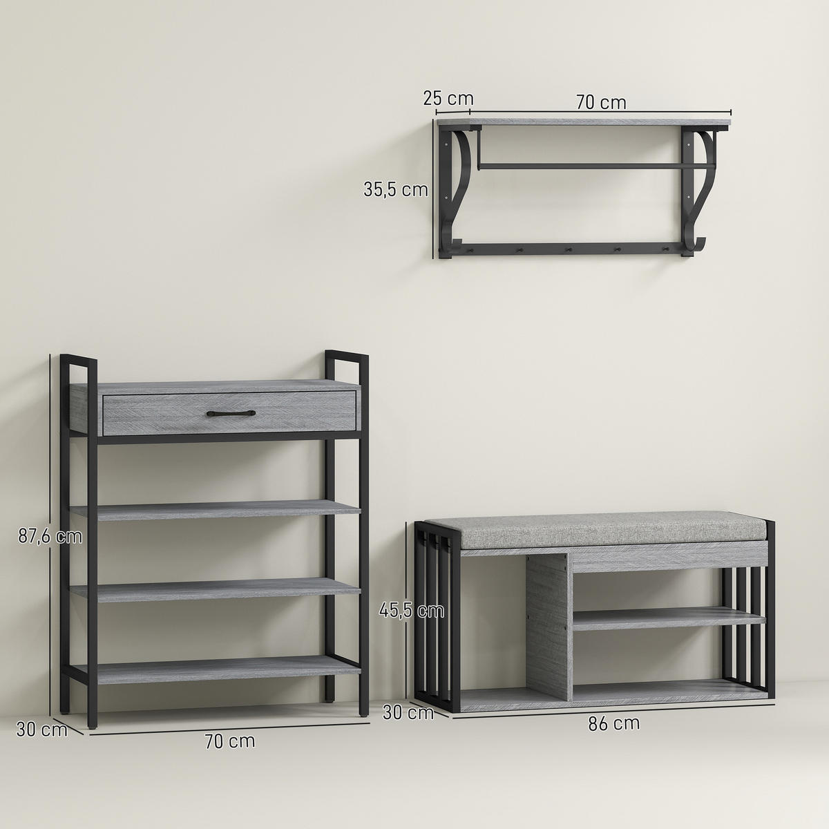 SCHUHREGAL 4 Ebenen Wandgarderobe mit Ablage 5 Haken und Stange gepolstert - Schwarz/Grau, Holzwerkstoff/Metall (30/87.6/70cm)
