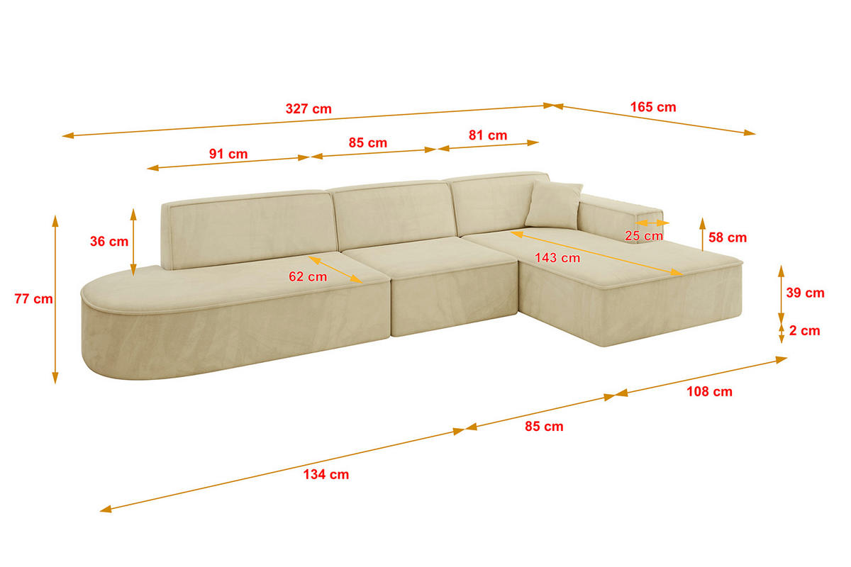 ECKSOFA Ottomane Rechts IREA-L2-v4 - 327x165x77 cm Beige - Taupe, Holzwerkstoff/Textil (327/165cm) - ALTDECOR