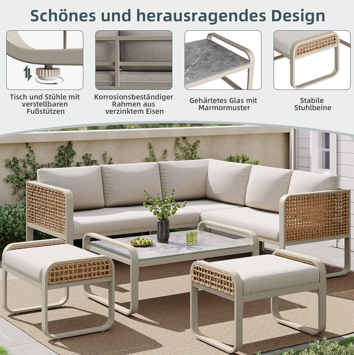 GARTEN-LOUNGE-SET aus Rattan & Metallgestell, inkl. Kissen, 120/61/69 cm, Beige - Beige, Metall - Redom