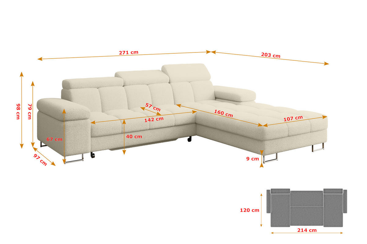 ECKSOFA mit Schlaffunktion Ottomane Rechts COMA L 271x203x79 Beige Bouclé - Sandfarben, Holzwerkstoff/Textil (203/271cm) - ALTDECOR