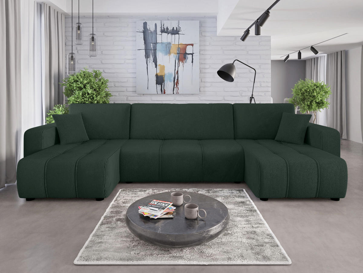 WOHNLANDSCHAFT Aice U-Form 317 cm – mit Schlaffunktion, Bettkasten, Kissen & bequemer Wellenfederung - Grün, Kunststoff (317/85/146cm) - Wohnideebilder