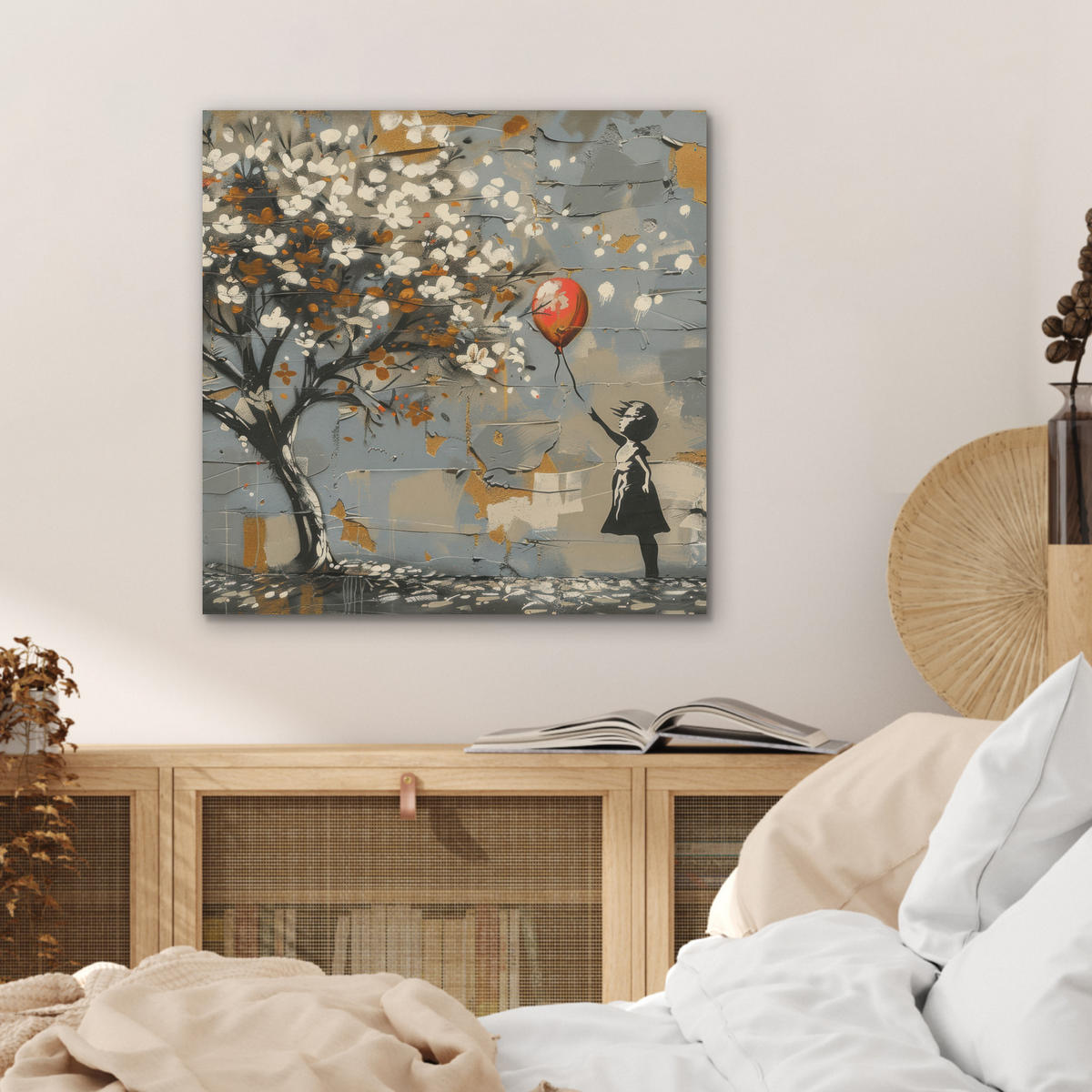 AKUSTIKBILD Baum - Graffiti - Banksy-Stil - Ballon-Mädchen Wandbilder 60x60 cm - Blaugrau, Kunststoff (60/60/0.9cm) - MuchoWow