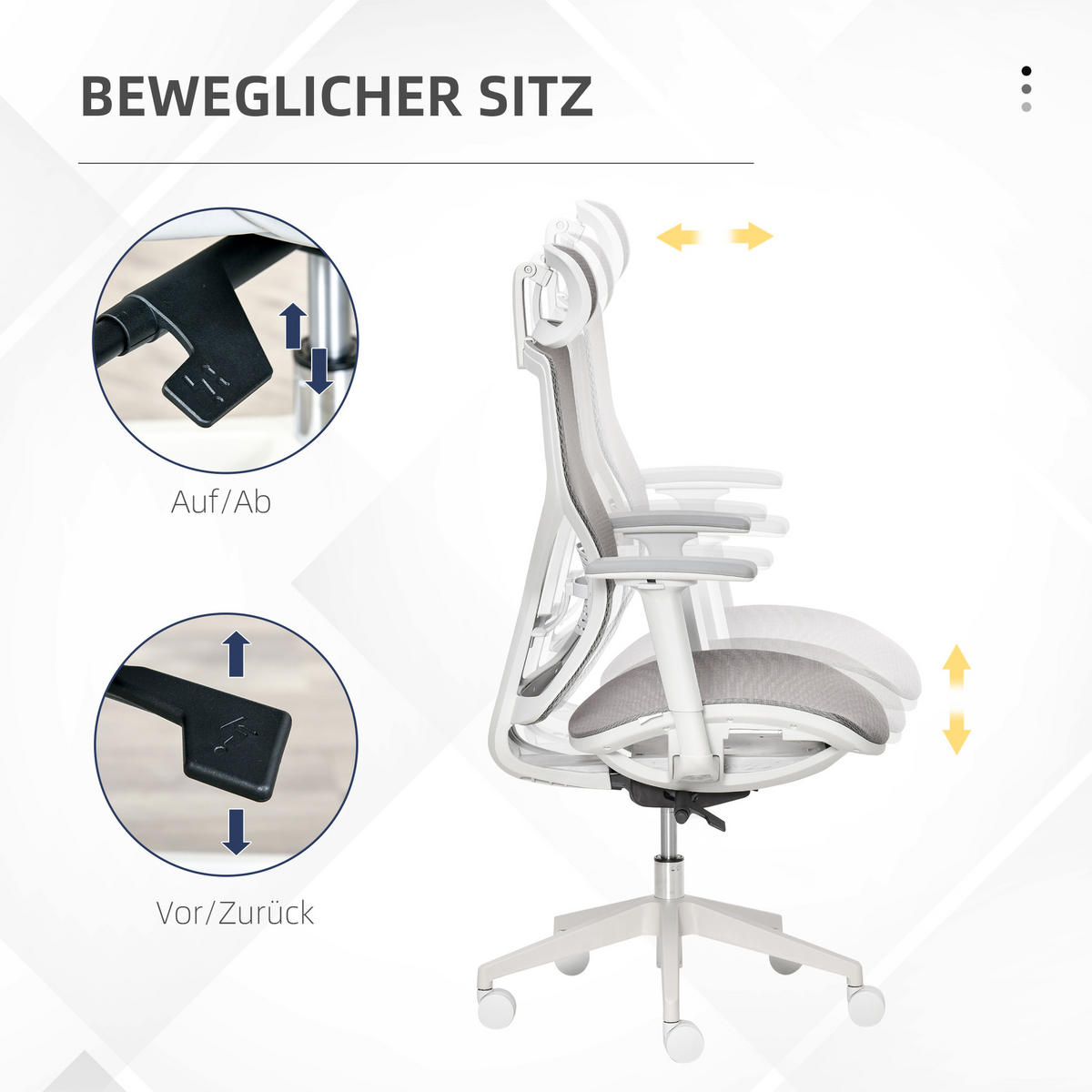 BÜROSTUHL Schreibtischstuhl höhenverstellbar mit 3D-Armlehne 3 Stufen Mesh Grau - Grau, Kunststoff (65/128/67cm) - Vinsetto