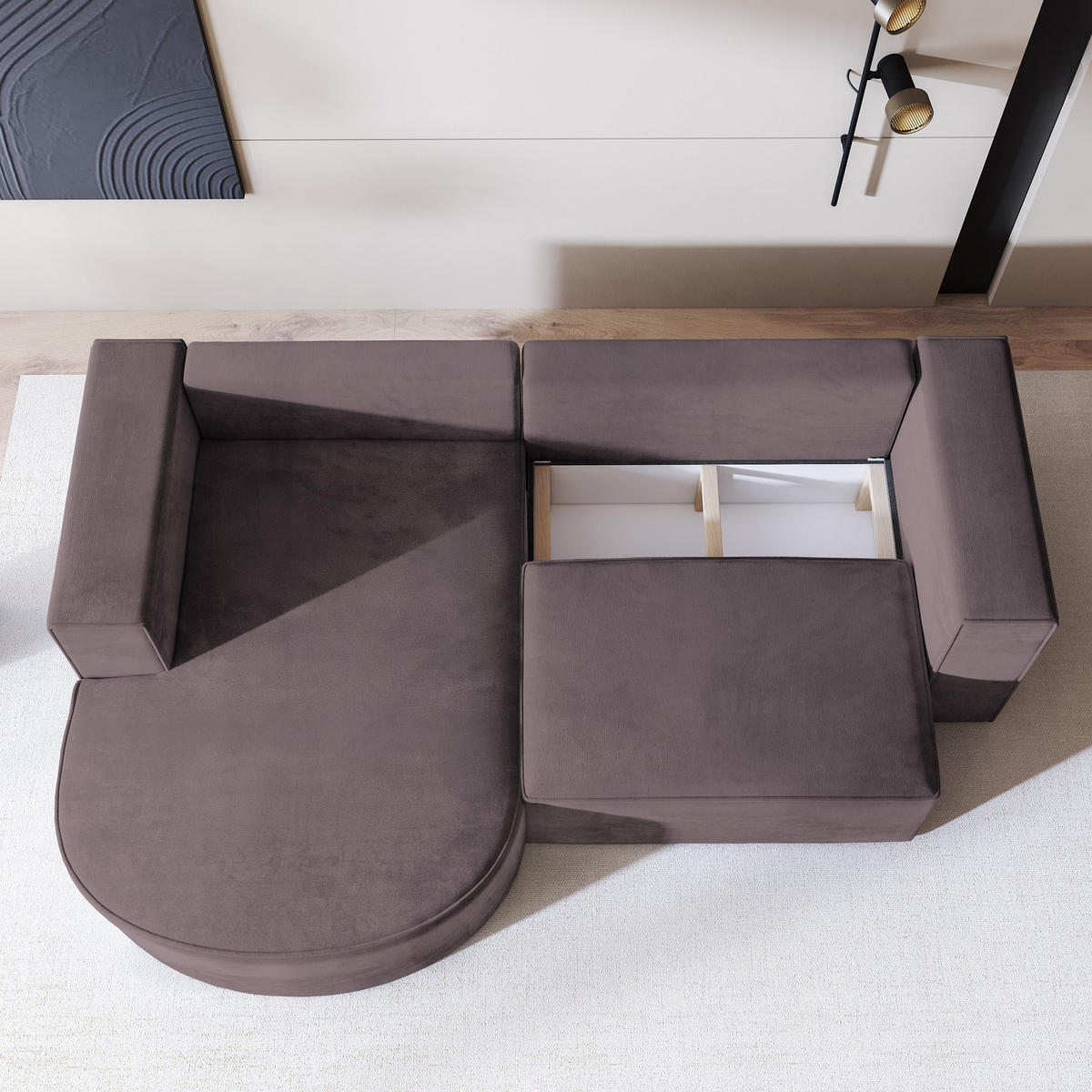 ECKSOFA SORELA M L-S Lila Velours-Stoff mit Schlaffunktion - Lila, Holz (263/174cm) - MASSENO