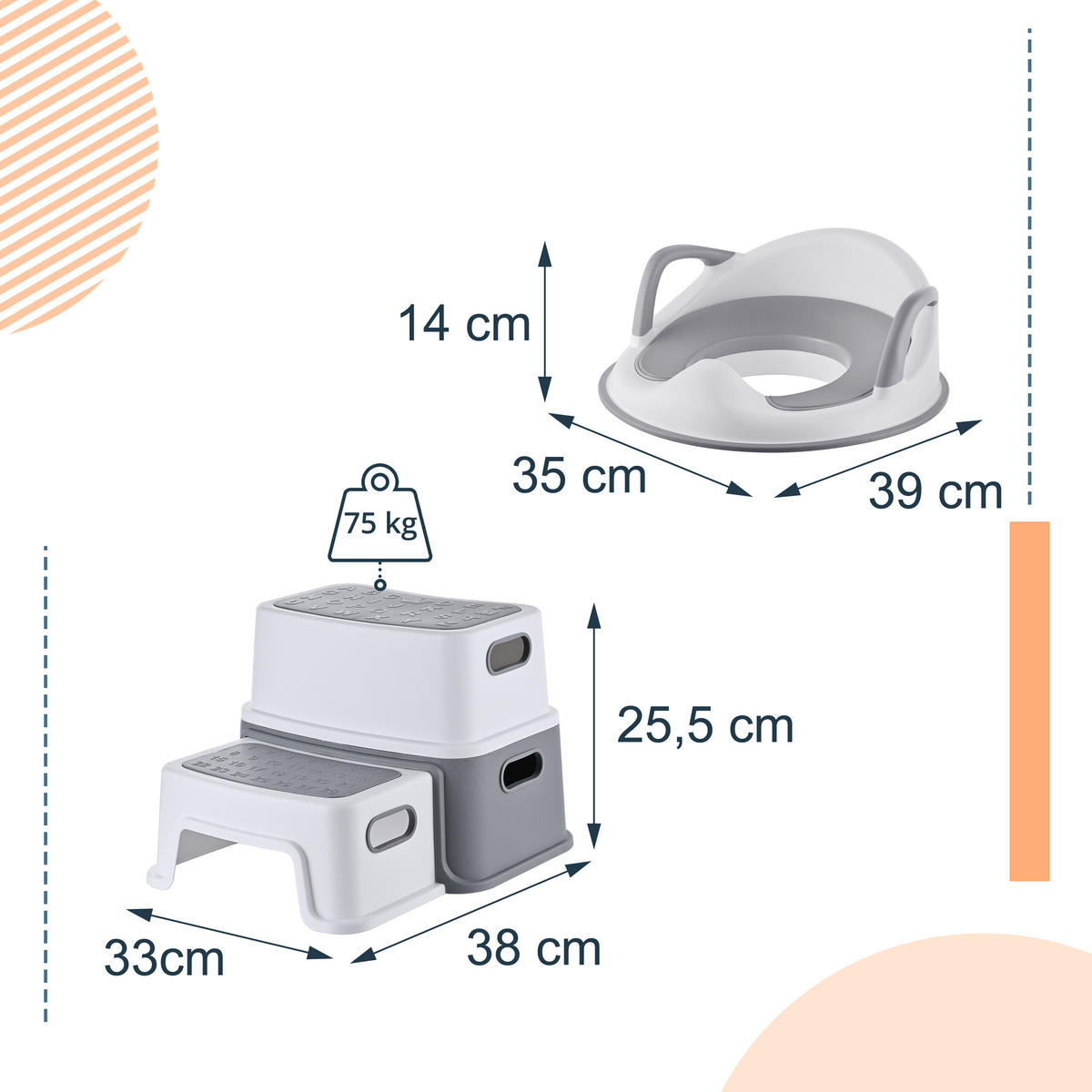 KINDERTOILETTENSITZ Grau Weiß 2-in-1-Set - Multicolor, Kunststoff (40/33/35cm) - Relaxdays