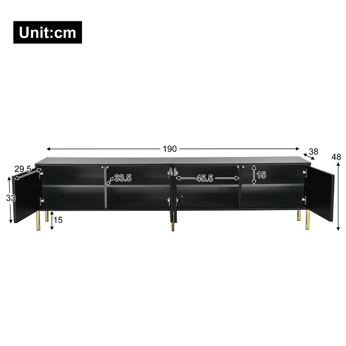 LOWBOARD 190 cm(L) x 38 cm(W) x 48 cm(H) in Schwarz mit goldene Tischbeine - Schwarz, Holz (38/48/190cm) - KOMHTOM