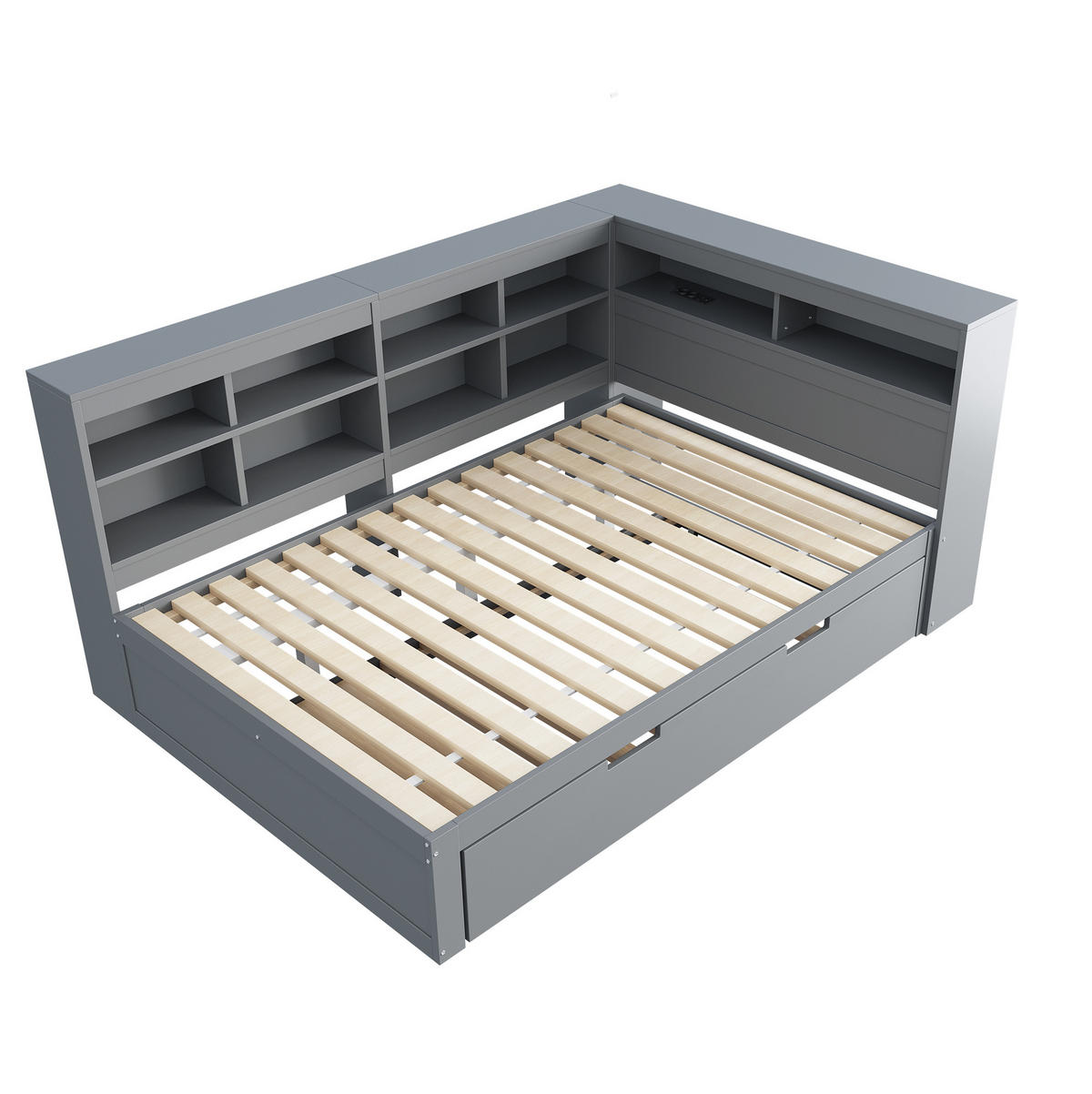 BETT 140/200 cm mit Ausziehbett 90/190 cm und USB, Massivholz, Grau - Grau, Holz (140/200cm) - BEAOK