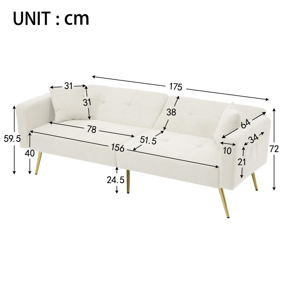 SCHLAFSOFA mit Bettfunktion verstellbar 175 x 64 x 72 cm Weiß - Weiß, Kunststoff (175/72/64cm) - Meubliv