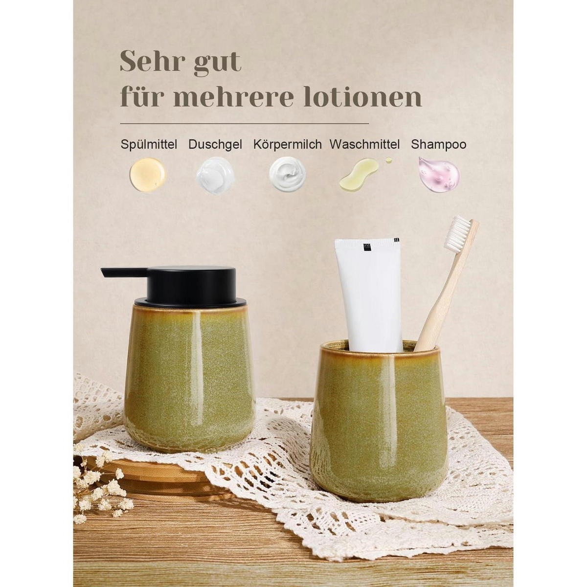 SEIFENSPENDER Keramik Gelb 350ml - Olivgrün, Keramik (9.2/12.5/9.2cm)
