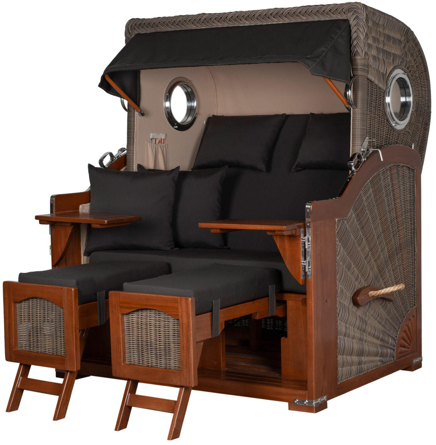 STRANDKORB Komplettset: Ammersee Grande XL Mahagoni Bullauge - PE grau - Modell 548 - Grau, Holz/Kunststoff (142/165/95cm) - bene living