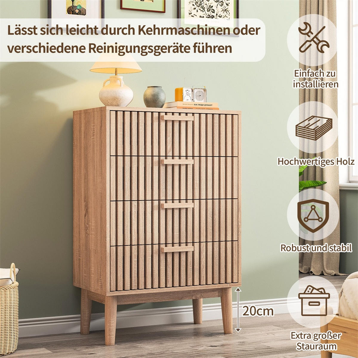 KOMMODE mit 4 Schubladen - gerillte Fronten und konische Beine - für Wohnzimmer und Schlafzimmer - Eichefarben, Holzwerkstoff (60/91/34cm) - DELFA