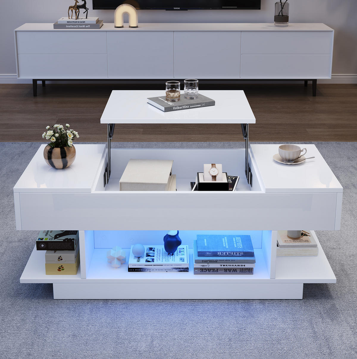 KONFERENČNÍ stolek 98/45/40 cm bílý z dřevotřísky se zvedací deskou a LED - bílá, kompozitní dřevo (98/45/40cm) - OKWISH